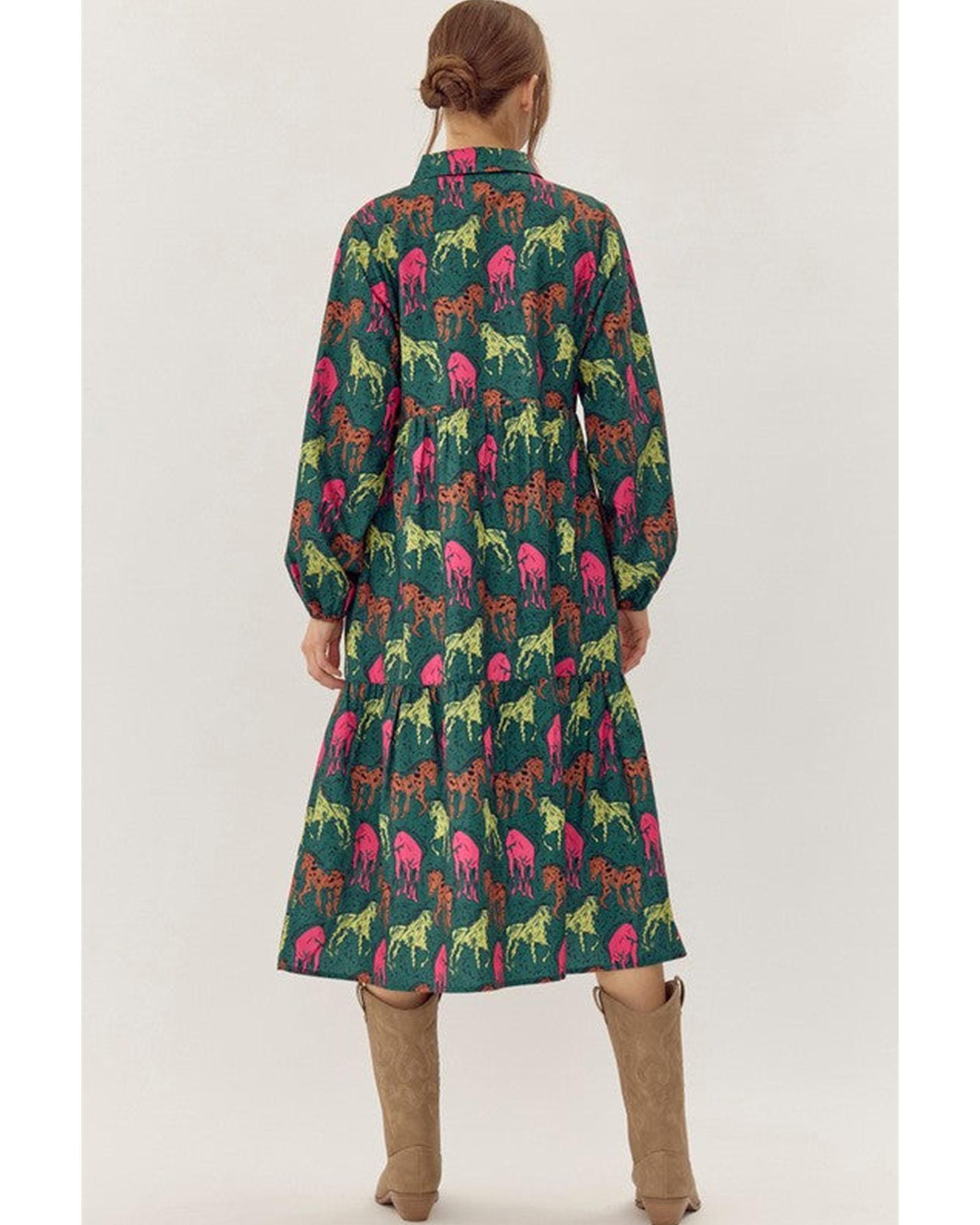 Azura Exchange Green Horse Printed Long Sleeve Collared Buttoned Plus Size Midi - Picture 14 of 48
