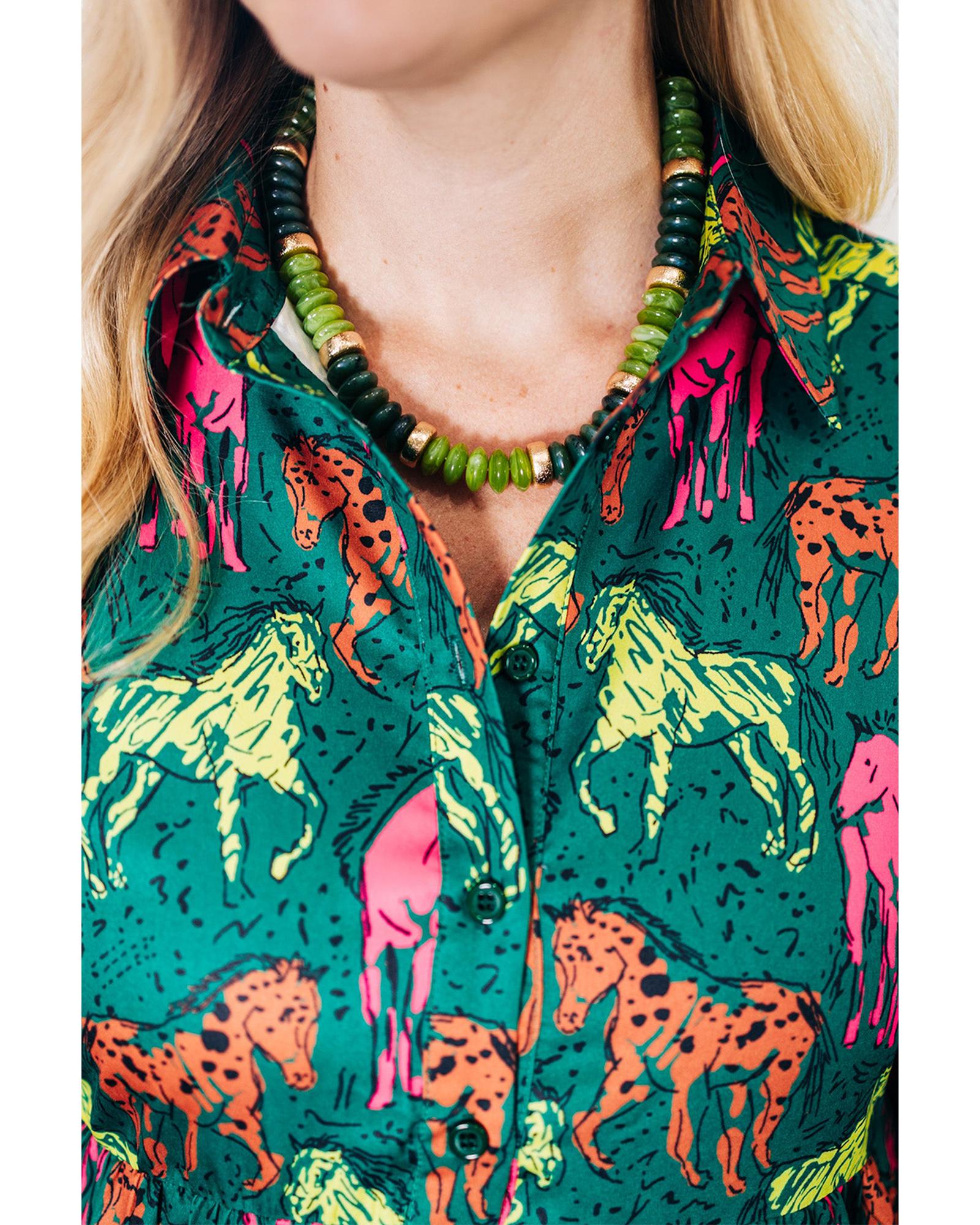 Azura Exchange Green Horse Printed Long Sleeve Collared Buttoned Plus Size Midi - Picture 16 of 48