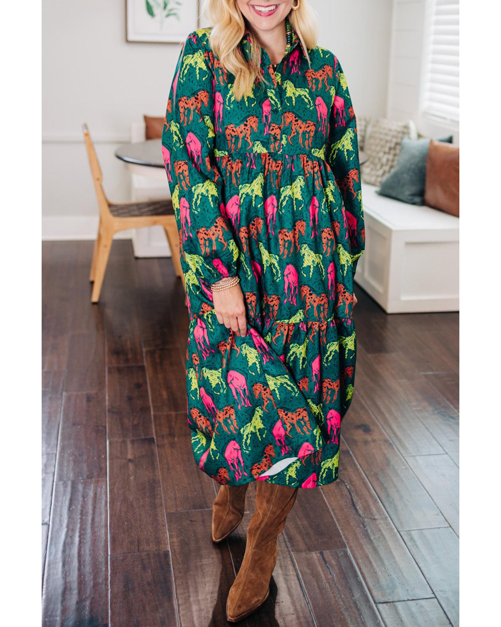 Azura Exchange Green Horse Printed Long Sleeve Collared Buttoned Plus Size Midi - Picture 17 of 48