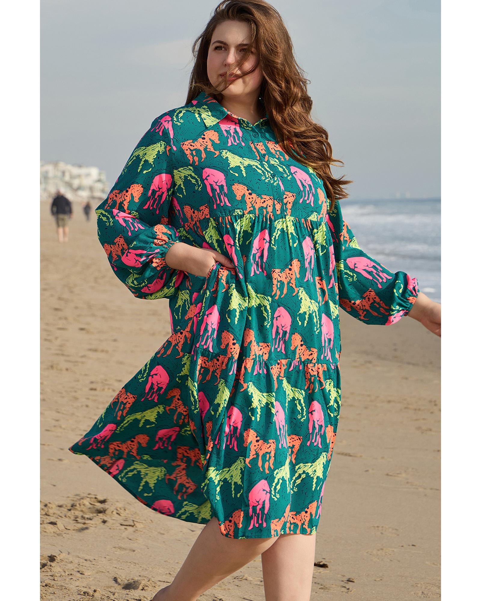 Azura Exchange Green Horse Printed Long Sleeve Collared Buttoned Plus Size Midi - Picture 18 of 48