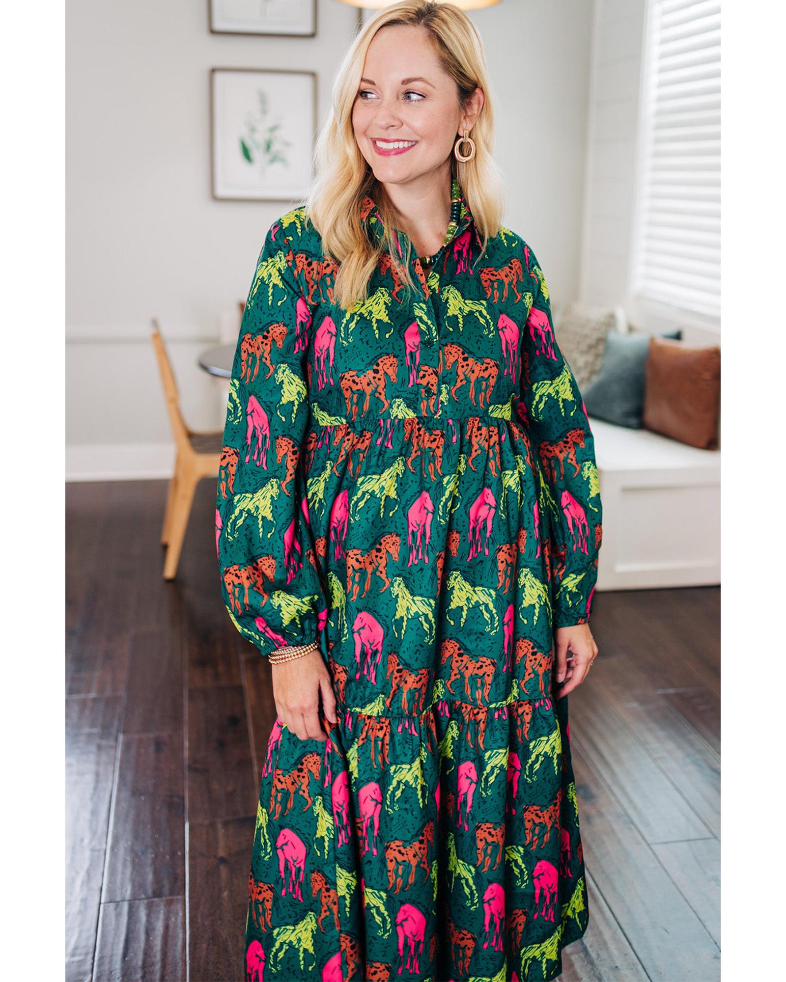 Azura Exchange Green Horse Printed Long Sleeve Collared Buttoned Plus Size Midi - Picture 37 of 48