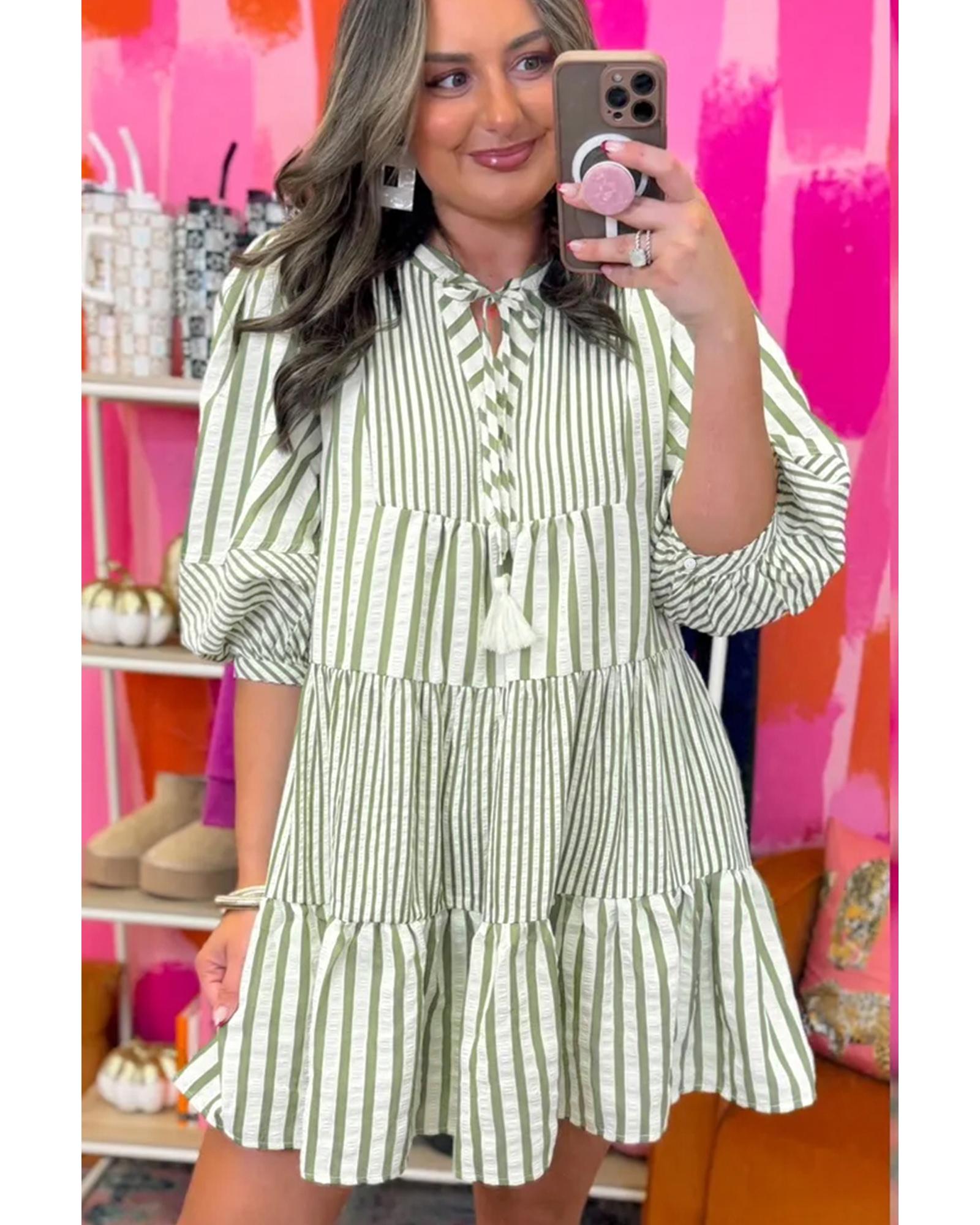 Azura Exchange Green Stripe Bracelet Sleeve Tasseled Tied Neck Tiered Plus Size - Picture 15 of 24