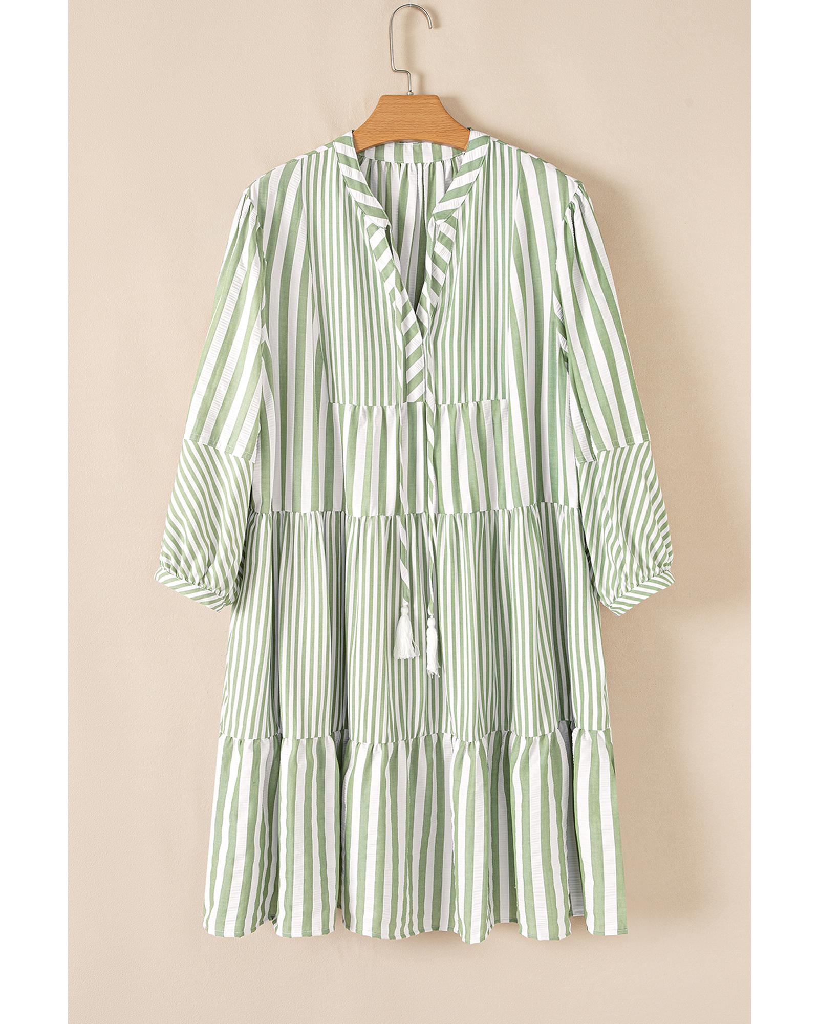 Azura Exchange Green Stripe Bracelet Sleeve Tasseled Tied Neck Tiered Plus Size - Picture 17 of 24