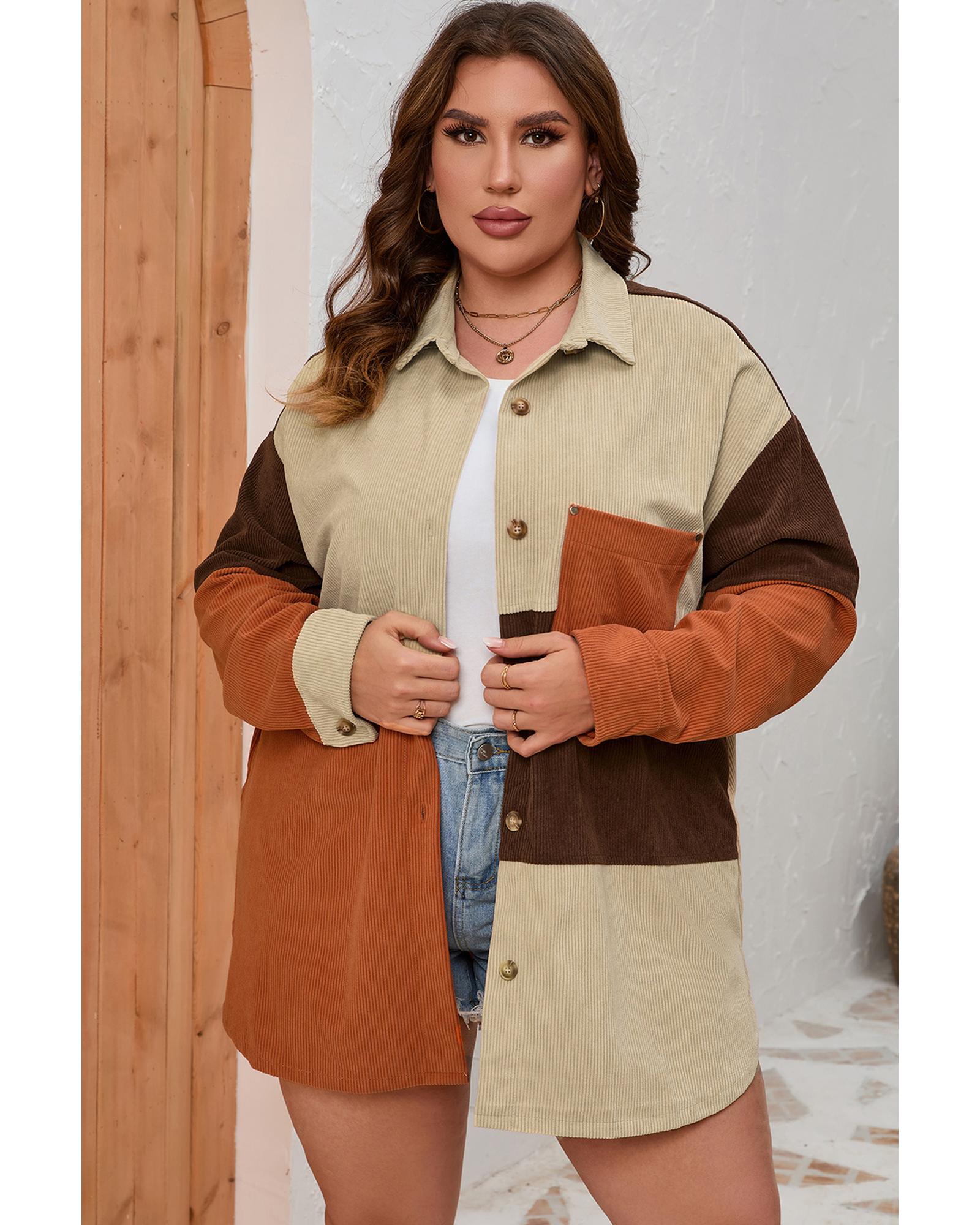 Brown Corduroy Colorblock Pocket Plus Size Jacket  -  Tops -Size 3X