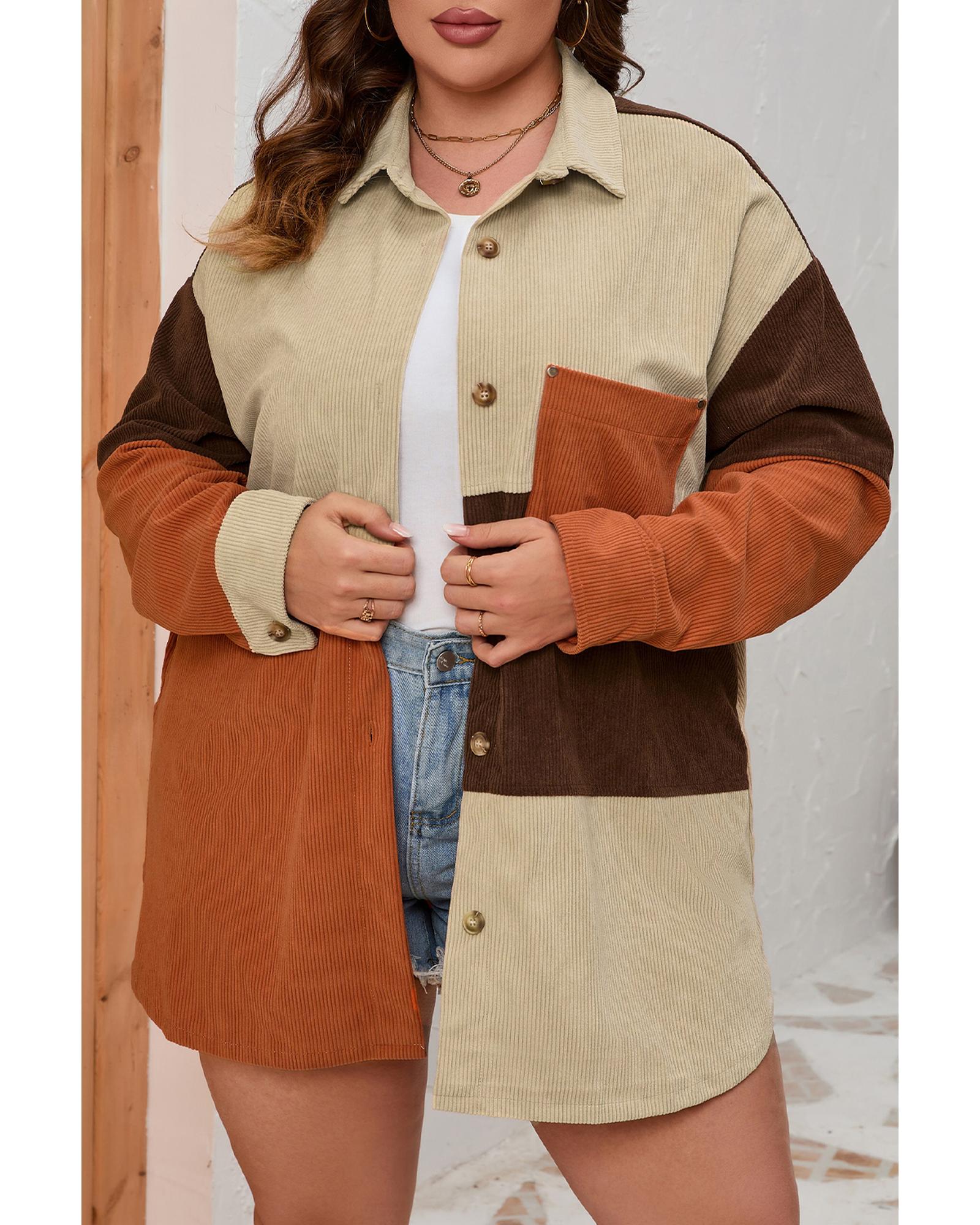 Brown Corduroy Colorblock Pocket Plus Size Jacket  -  Tops -Size 3X