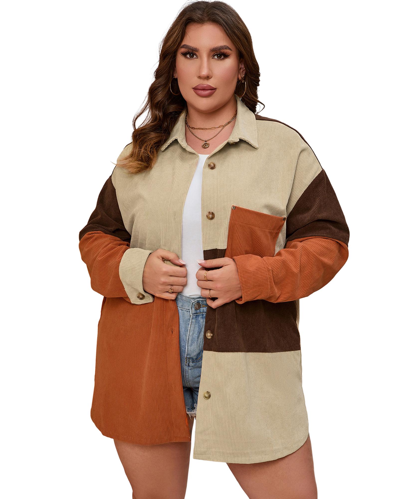 Brown Corduroy Colorblock Pocket Plus Size Jacket  -  Tops -Size 3X