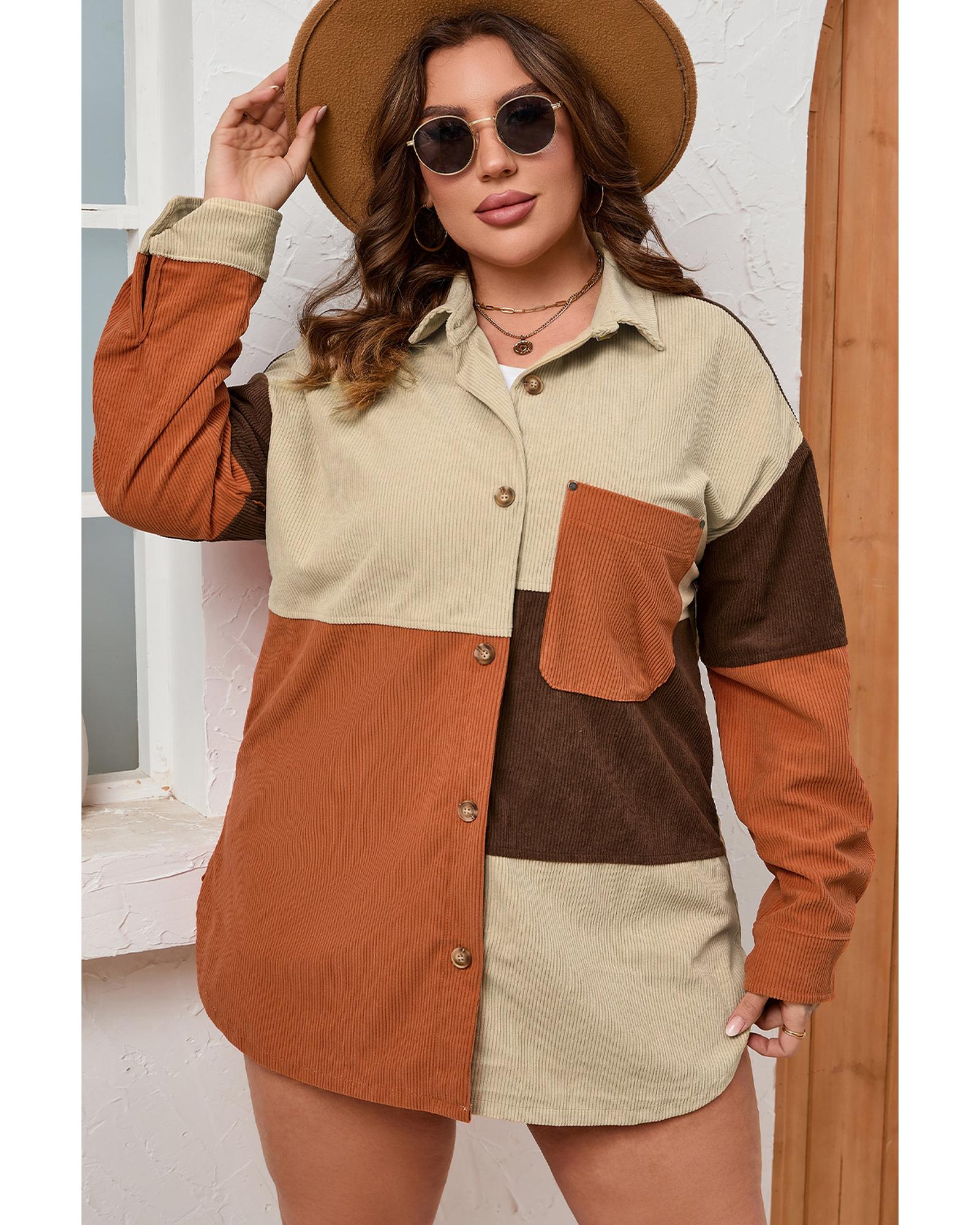 Brown Corduroy Colorblock Pocket Plus Size Jacket  -  Tops -Size 3X