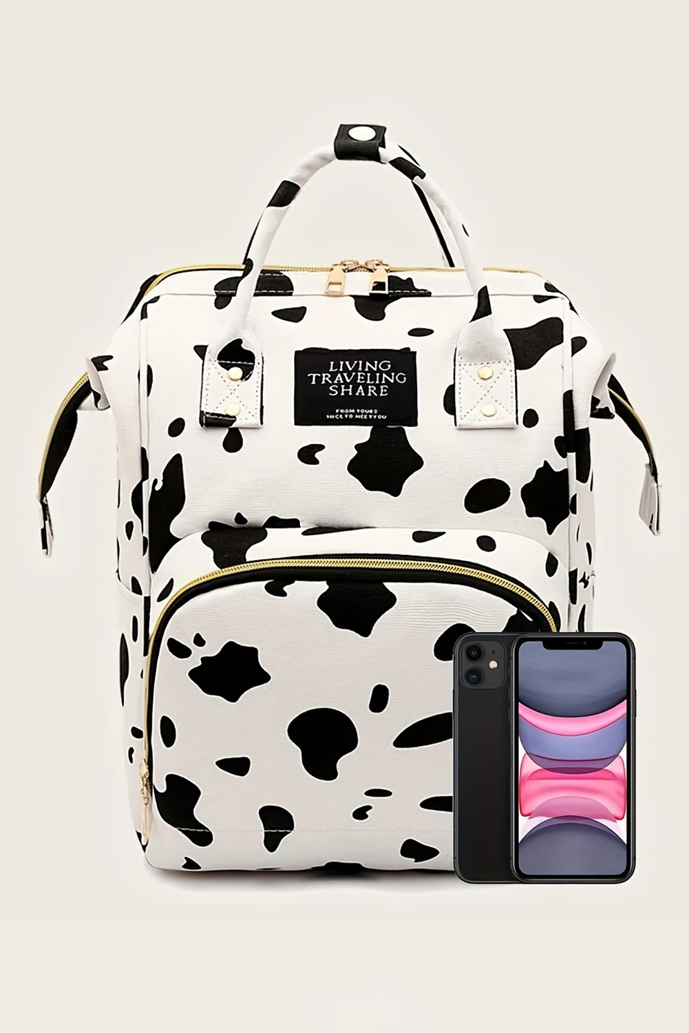 Azura Exchange Bright White Cow Spot Print Multi Pocket Canvas Backpack