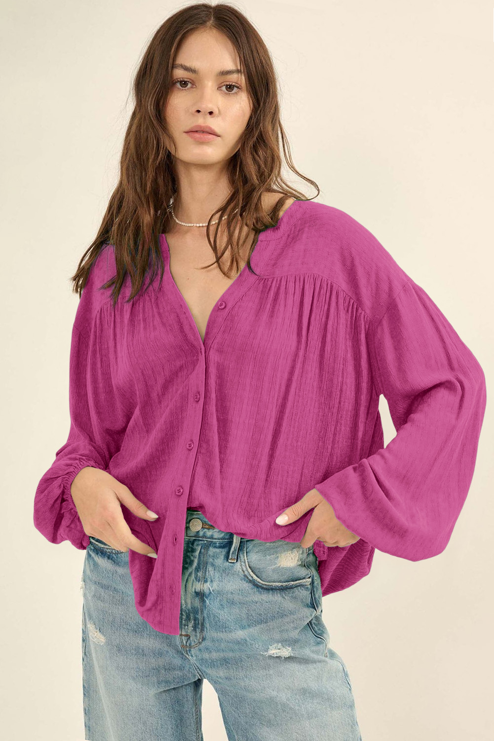 Azura Exchange Rose Solid Color Jacquard Puff Sleeve Button up Shirt