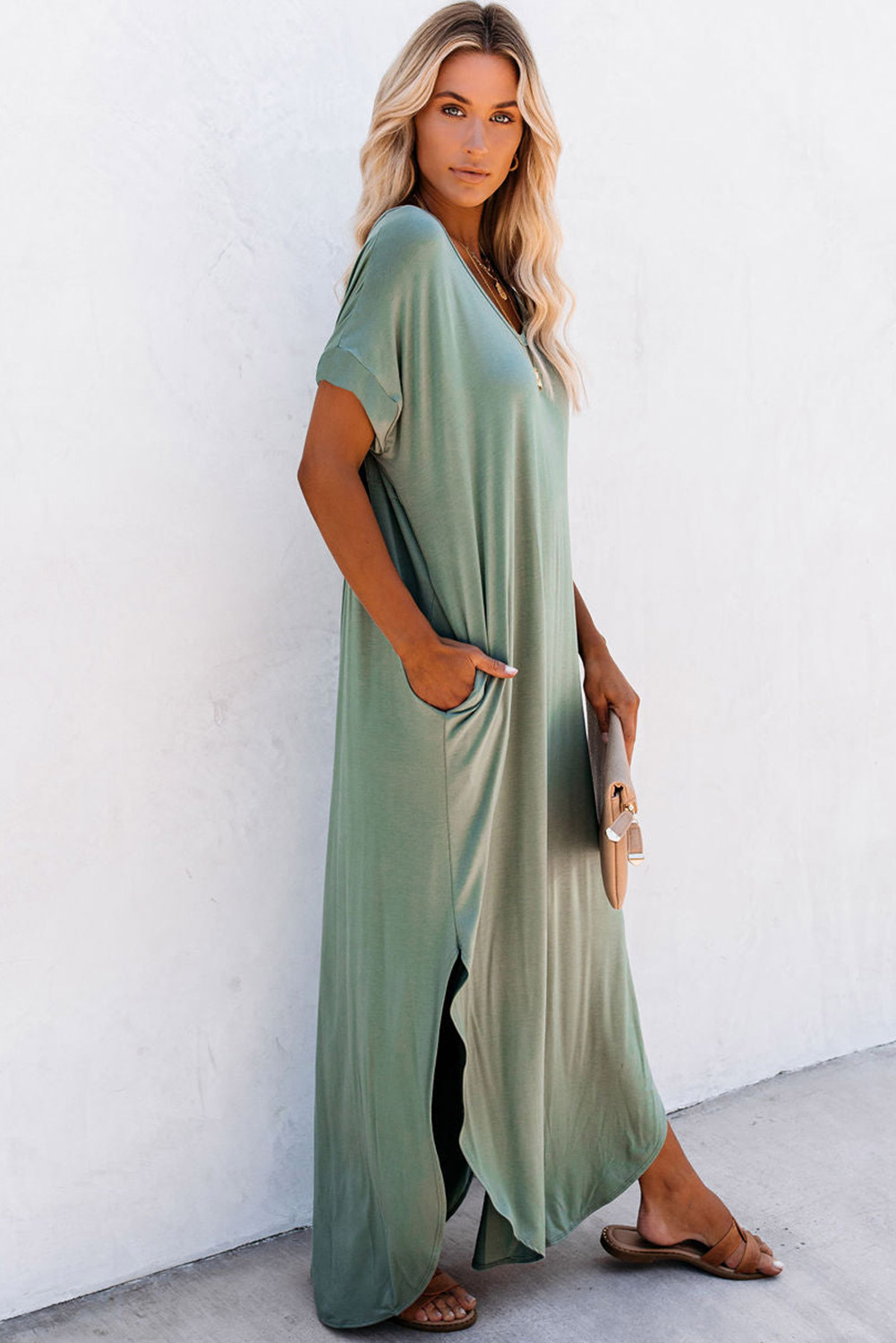 【Coach】肌触り抜群♪New York T Shirt Dress Azura Exchange Grass Green V Neck Hidden Pocket Splits Maxi