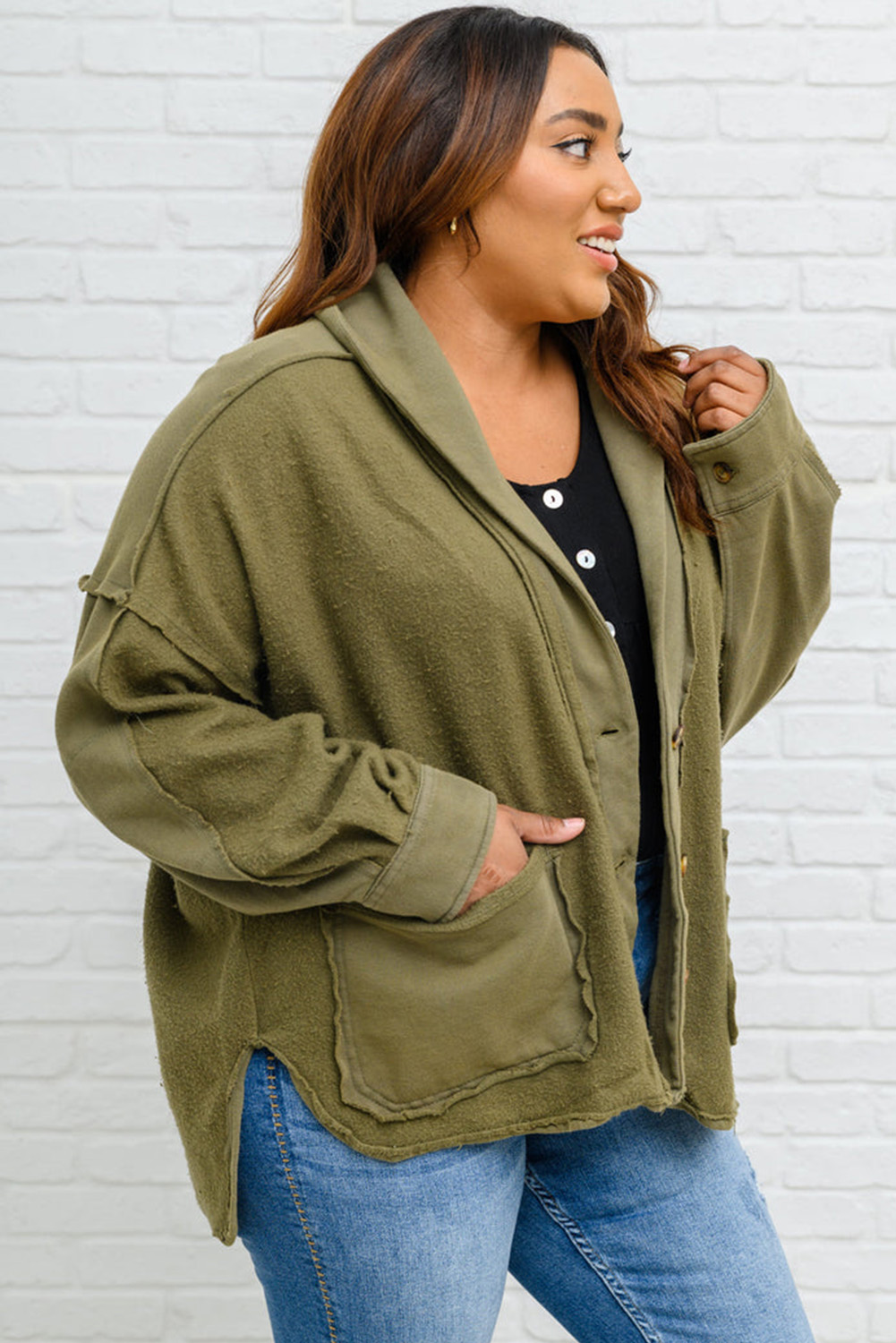 Azura Exchange Green Plus Size Exposed Seam Terry Patchwork Hooded Jacket