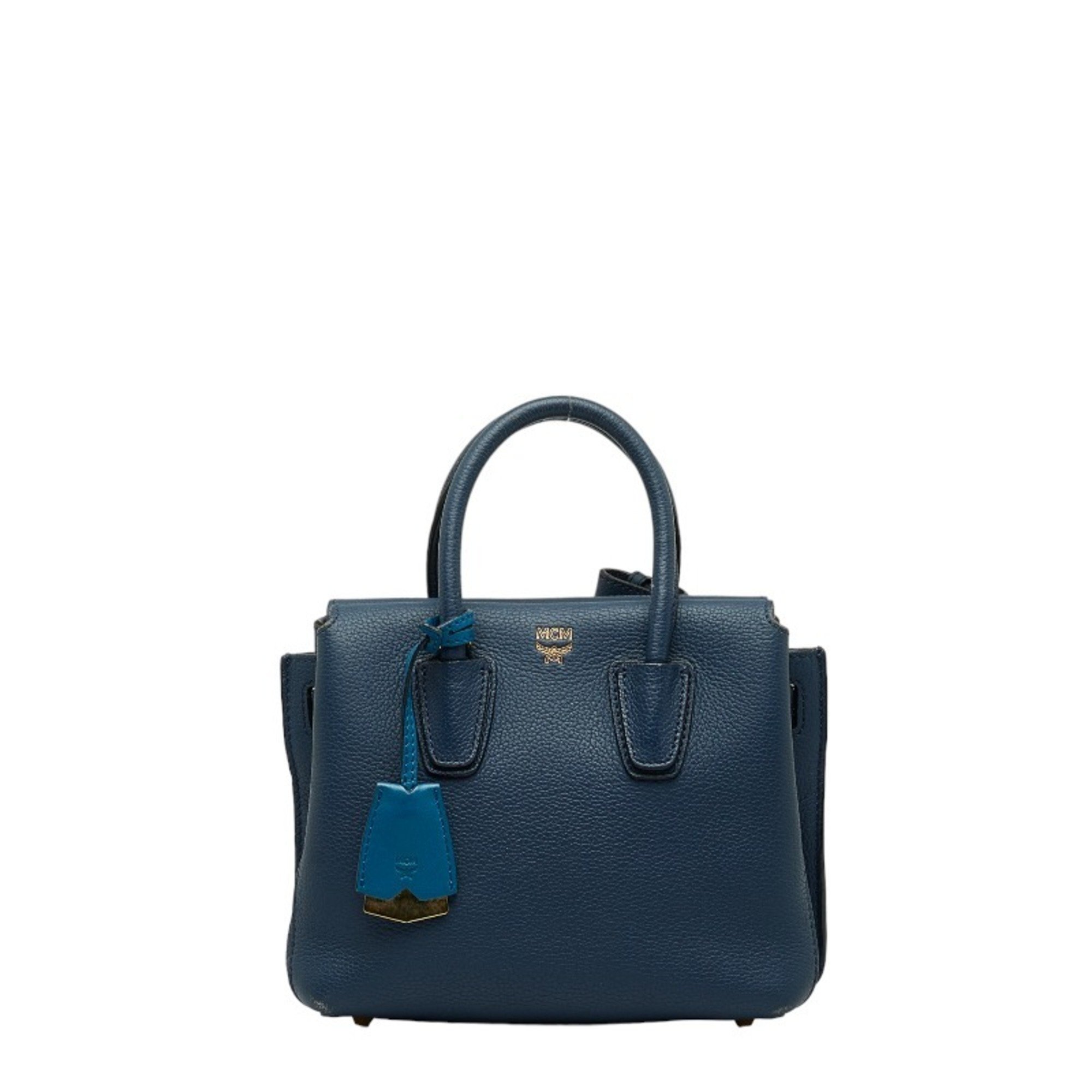 Blue Leather Shoulder Bag with Charm and Strap