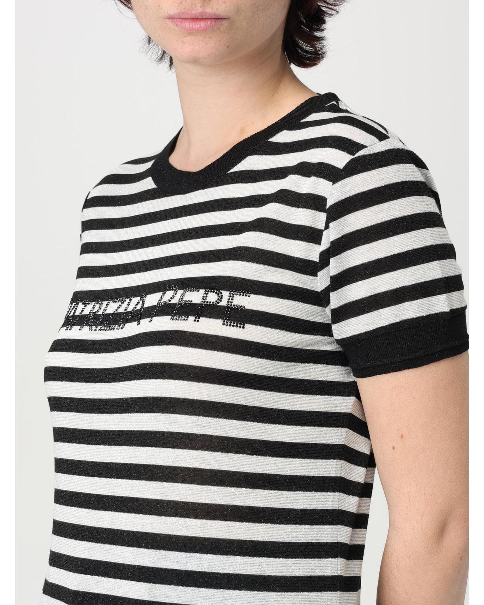 Patrizia Pepe Striped Linen Blend Top Women Black T-Shirts - Picture 10 of 10
