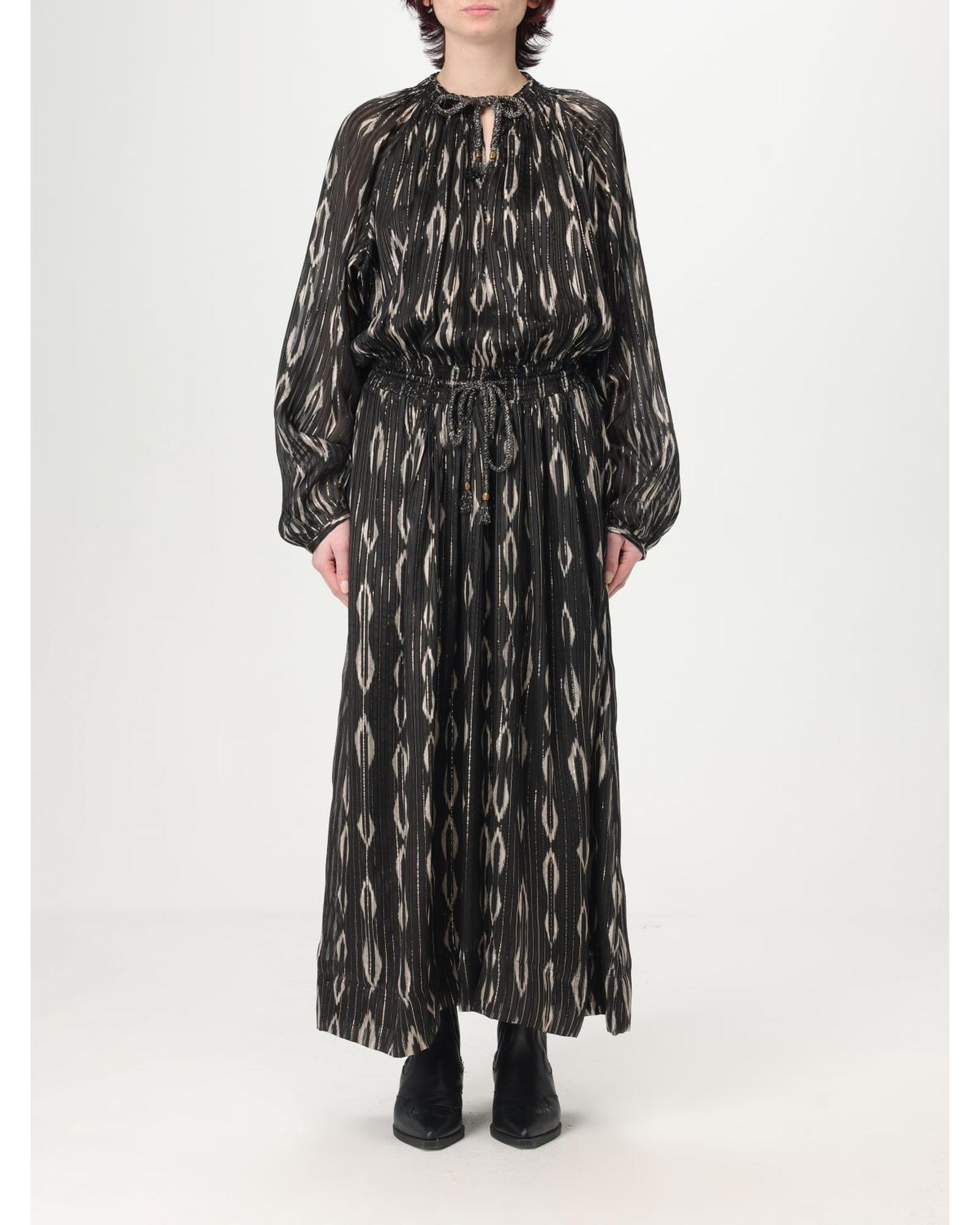 Isabel Marant Long Sleeve Ikat Maxi Dress Women Black Dresses - Picture 8 of 10
