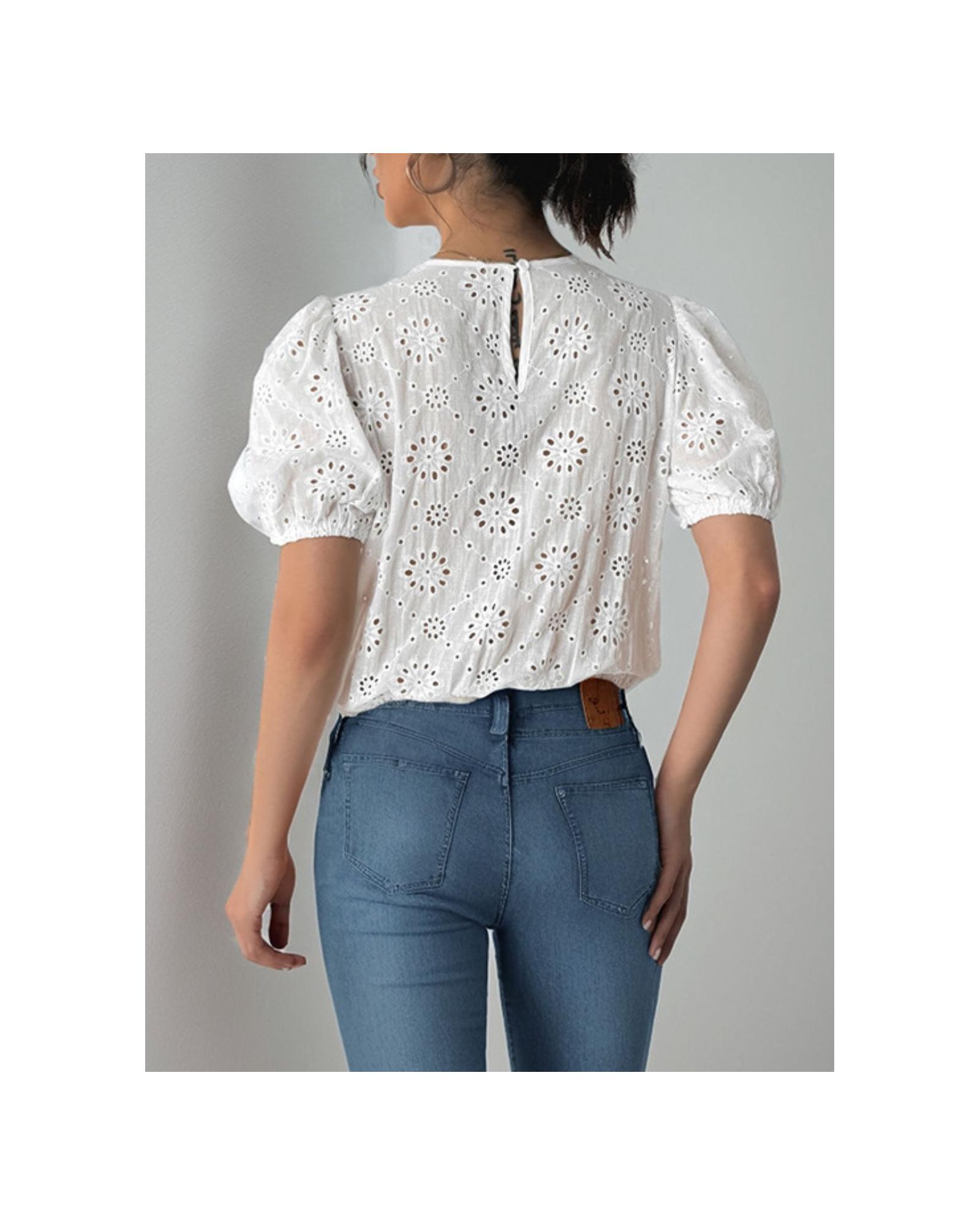 Everyday the Label Perfee Tied Eyelet Short Sleeve Bodysuit Women White - Picture 10 of 29