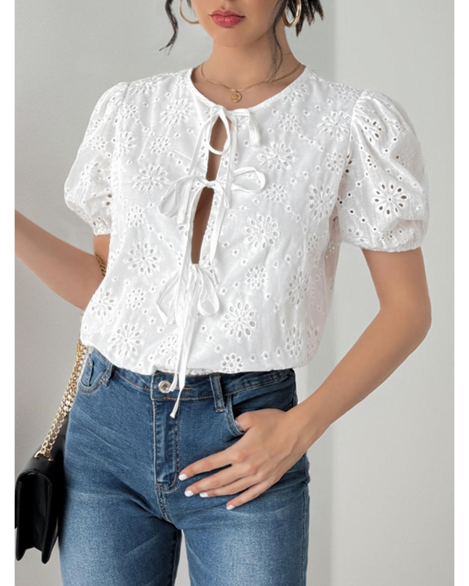 Everyday the Label Perfee Tied Eyelet Short Sleeve Bodysuit Women White - Picture 16 of 29