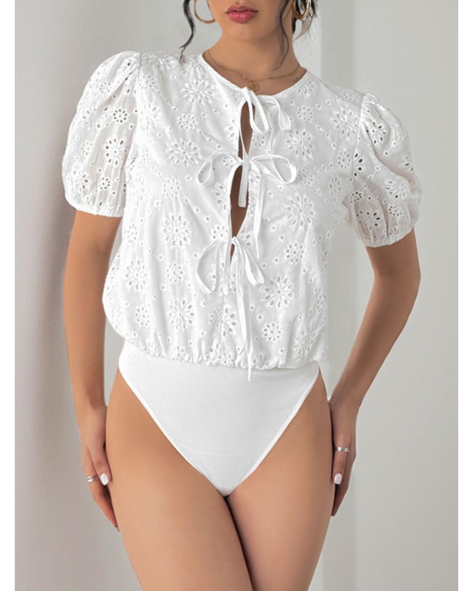 Everyday the Label Perfee Tied Eyelet Short Sleeve Bodysuit Women White - Picture 18 of 29