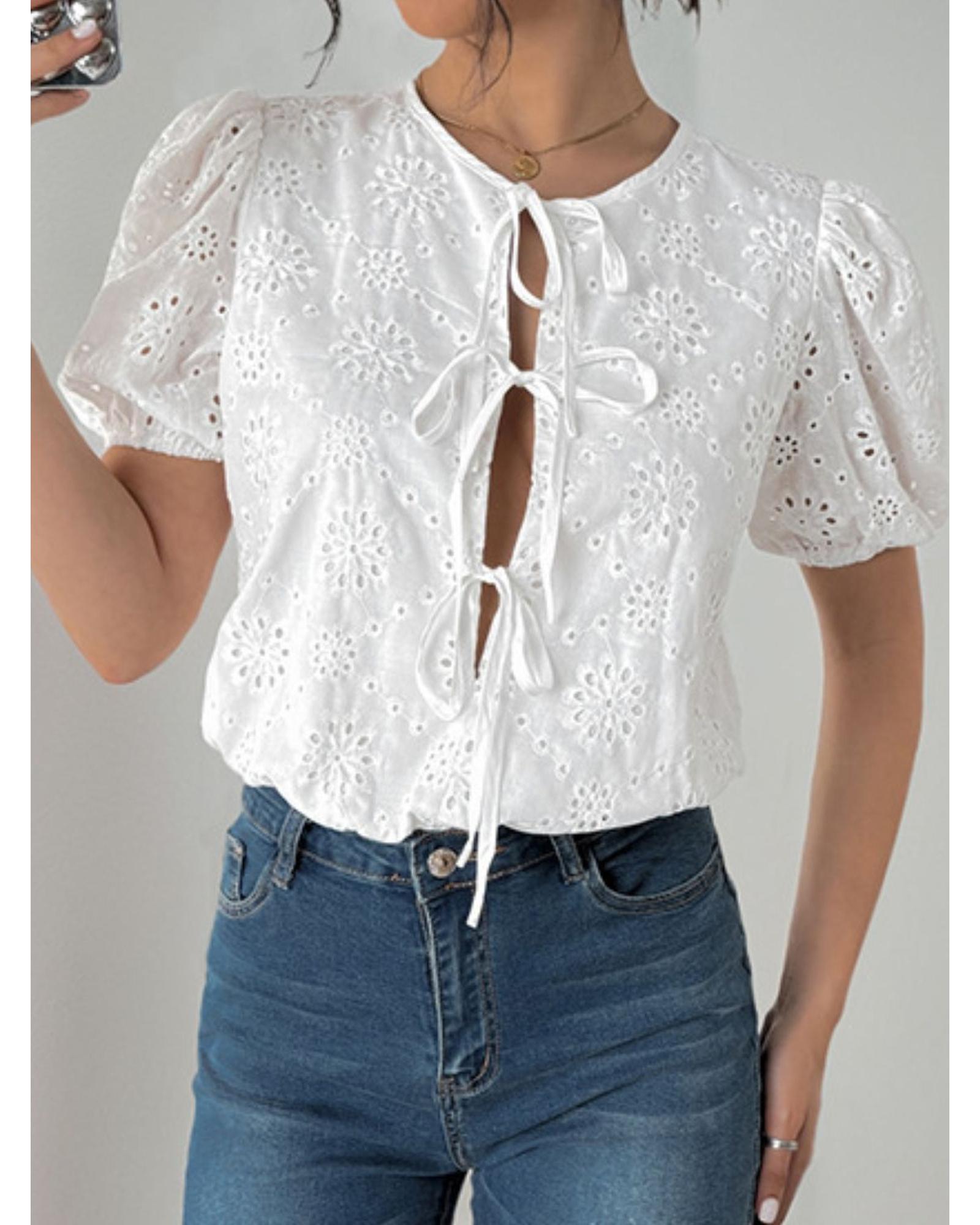 Everyday the Label Perfee Tied Eyelet Short Sleeve Bodysuit Women White - Picture 19 of 29