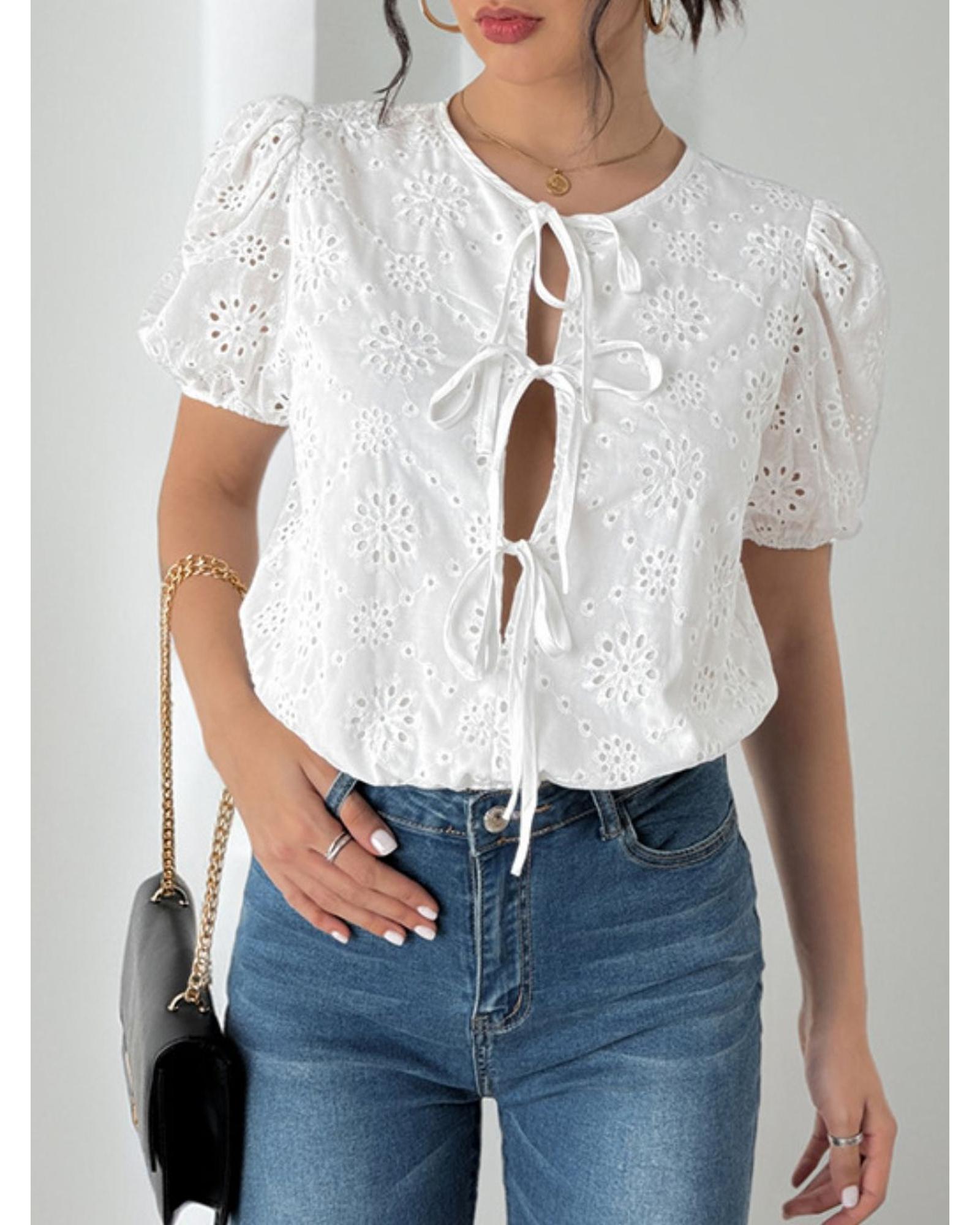 Everyday the Label Perfee Tied Eyelet Short Sleeve Bodysuit Women White - Picture 20 of 29