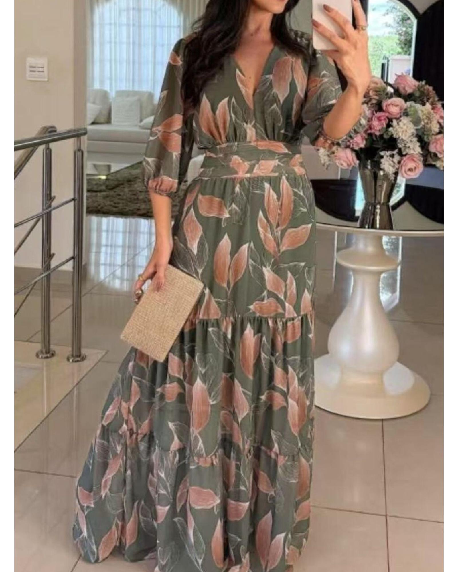 Everyday the Label Full Size Printed V-Neck Maxi Dress with Tiered Hemline Plus - Picture 11 of 19