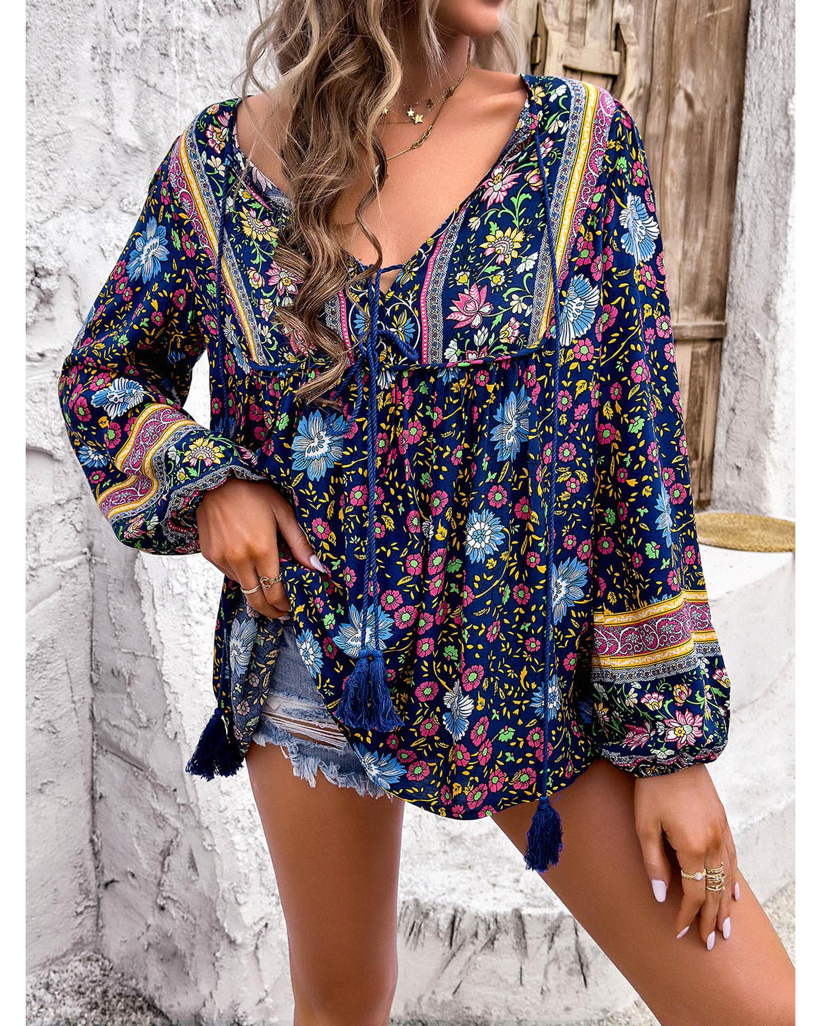 Everyday the Label Devine Printed Tie Neck Long Sleeve Blouse Women Dark Blue - Picture 12 of 17