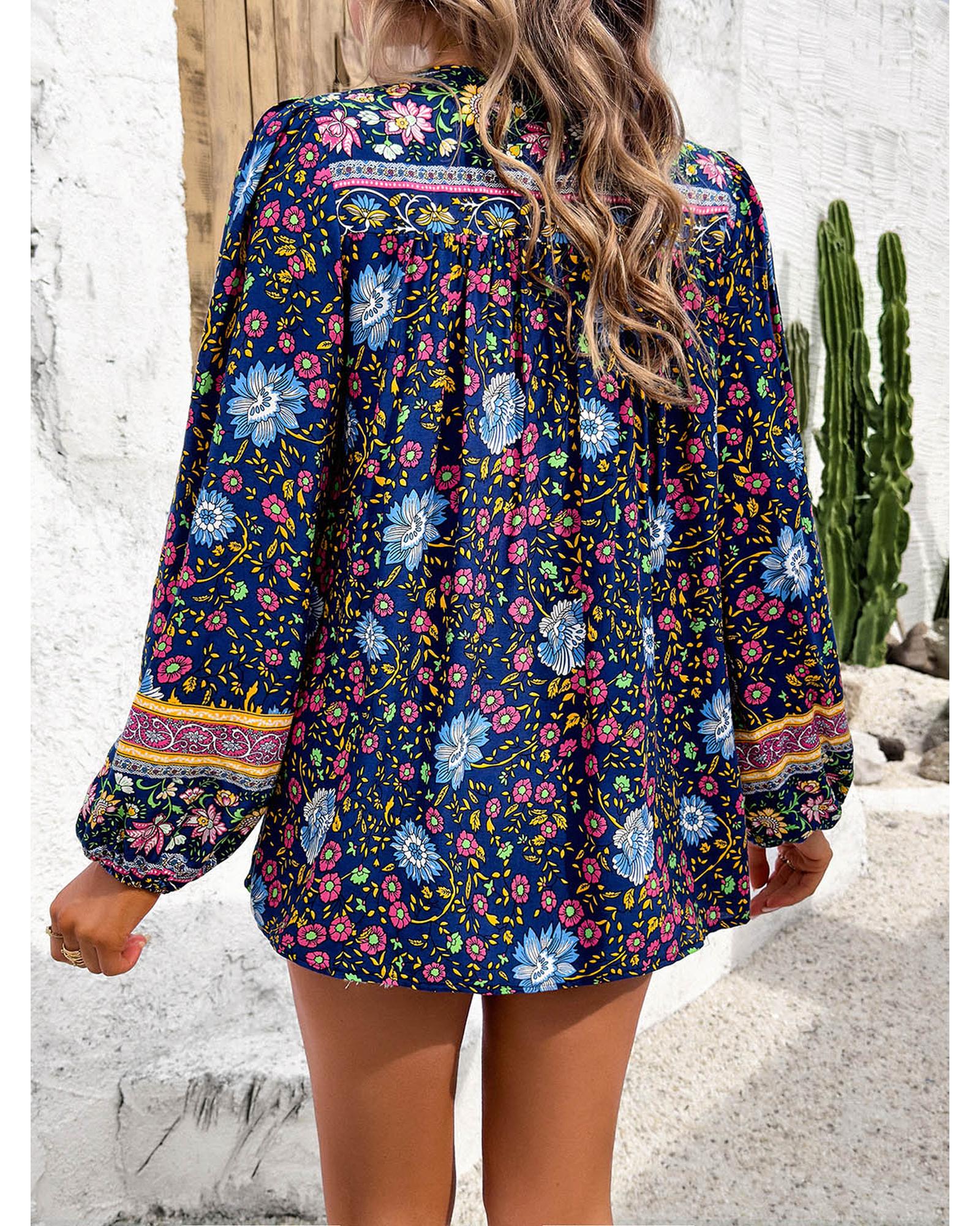 Everyday the Label Devine Printed Tie Neck Long Sleeve Blouse Women Dark Blue - Picture 15 of 17