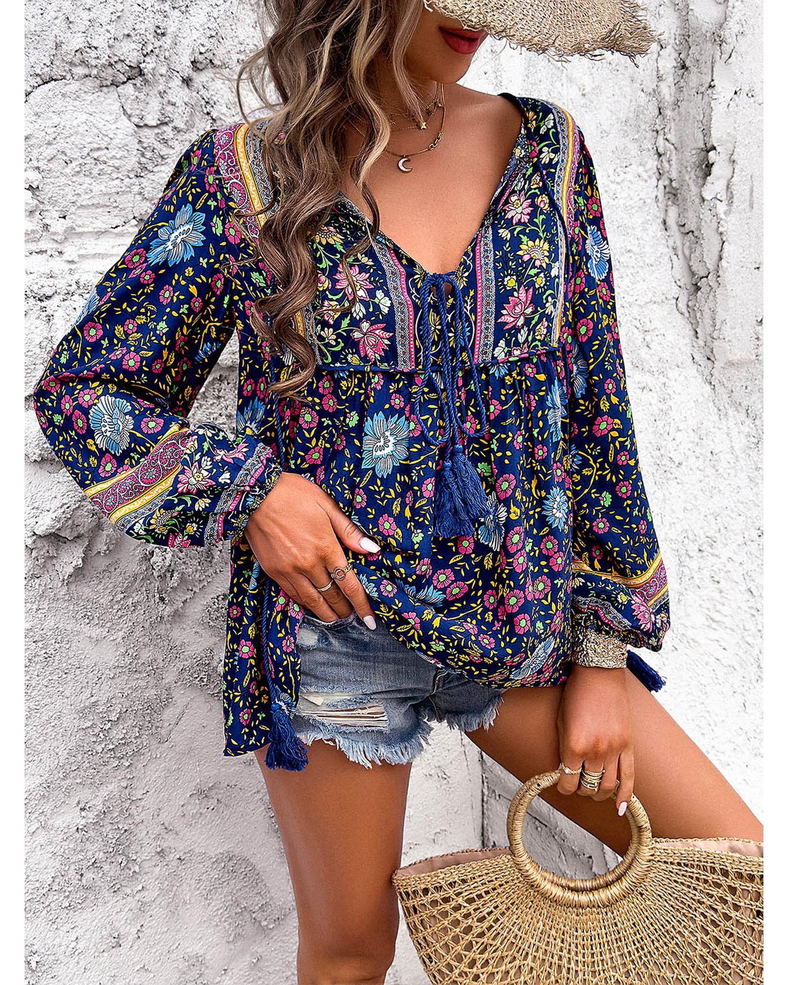 Everyday the Label Devine Printed Tie Neck Long Sleeve Blouse Women Dark Blue - Picture 17 of 17