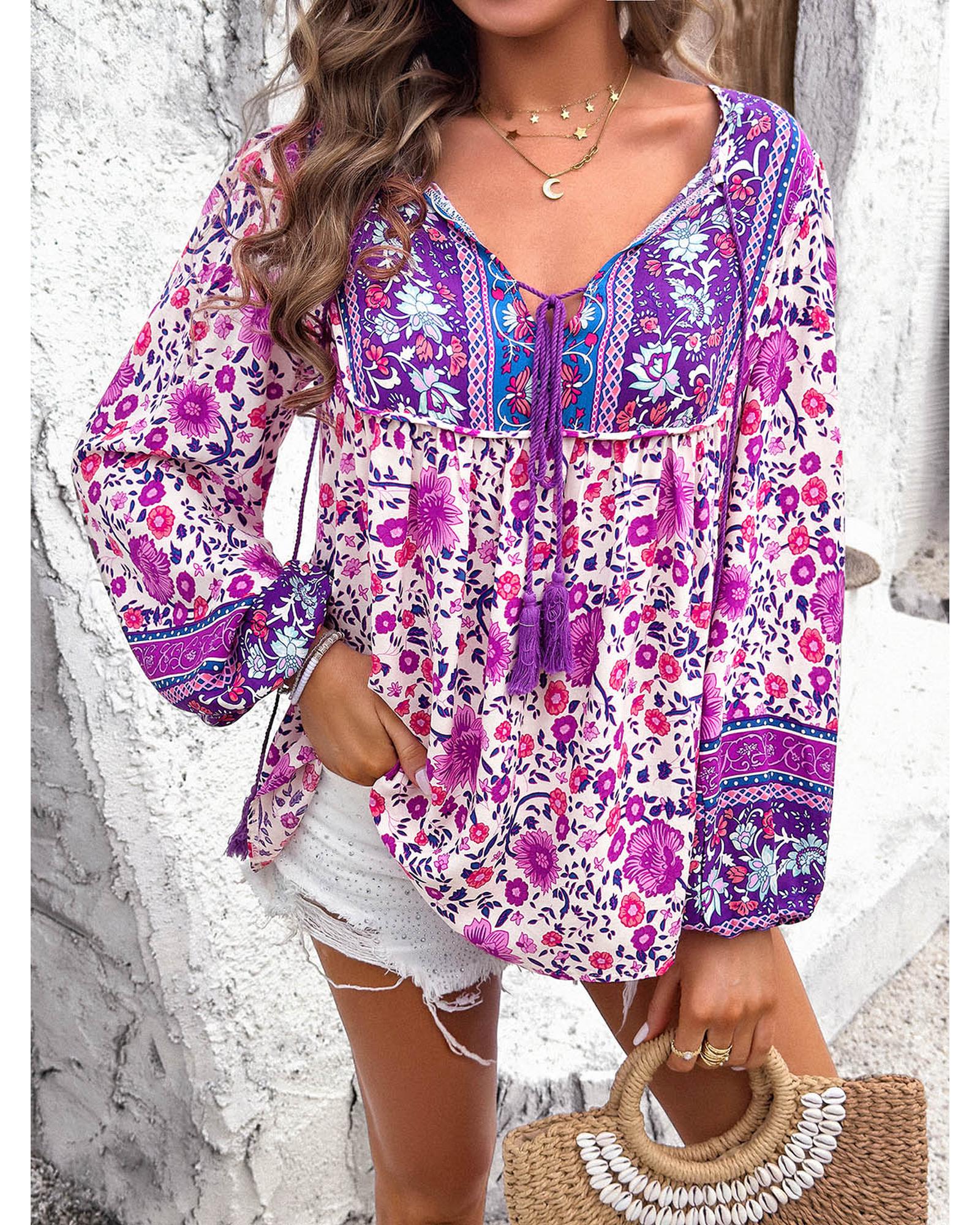 Everyday the Label Devine Printed Tie Neck Long Sleeve Blouse Women Lilac - Picture 7 of 17