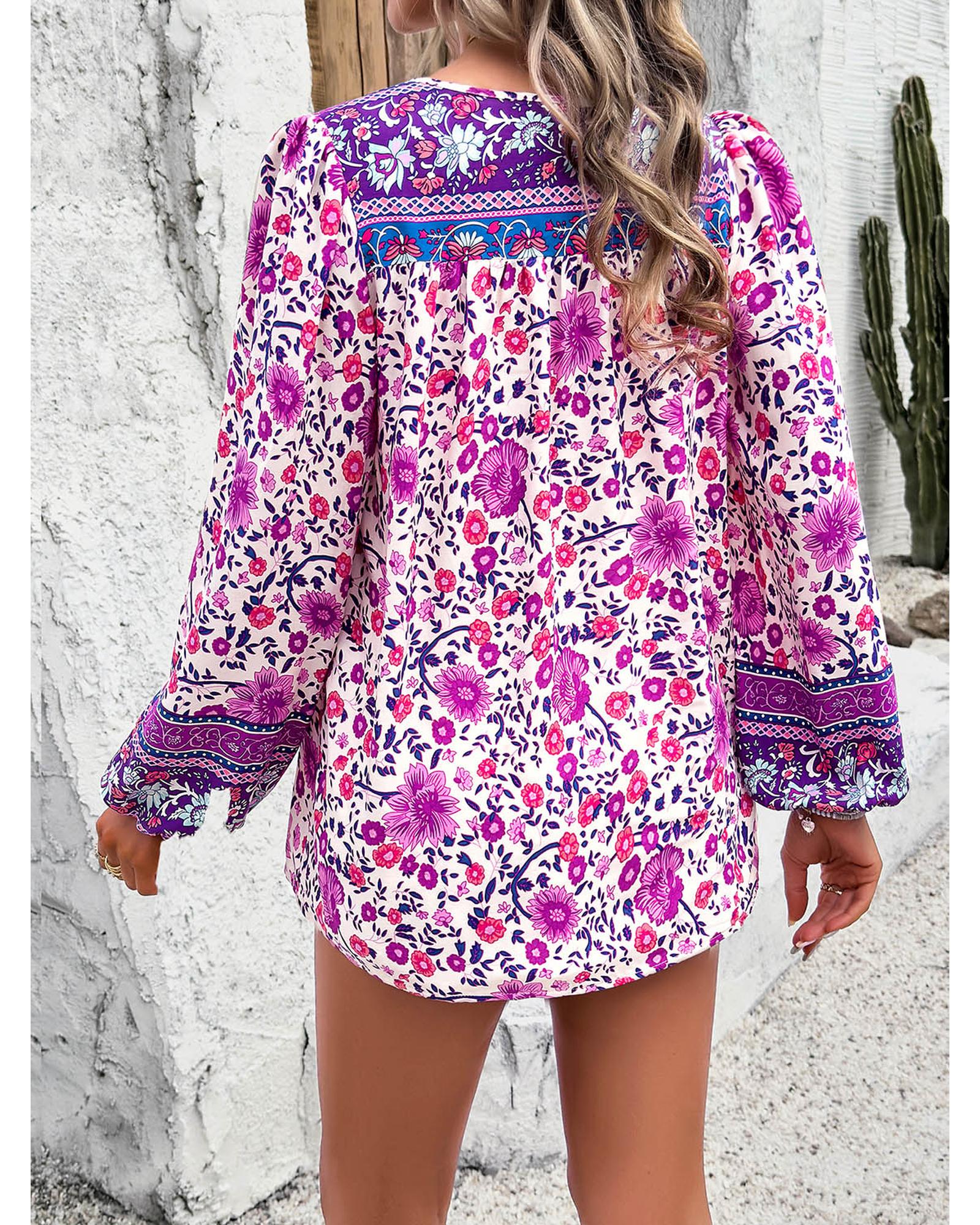 Everyday the Label Devine Printed Tie Neck Long Sleeve Blouse Women Lilac - Picture 9 of 17
