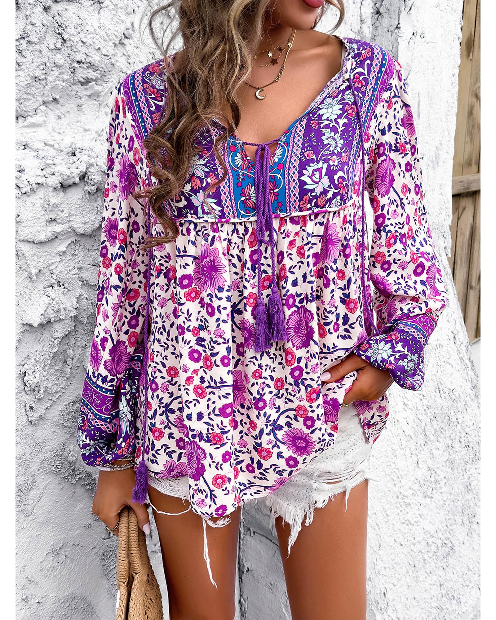Everyday the Label Devine Printed Tie Neck Long Sleeve Blouse Women Lilac - Picture 10 of 17