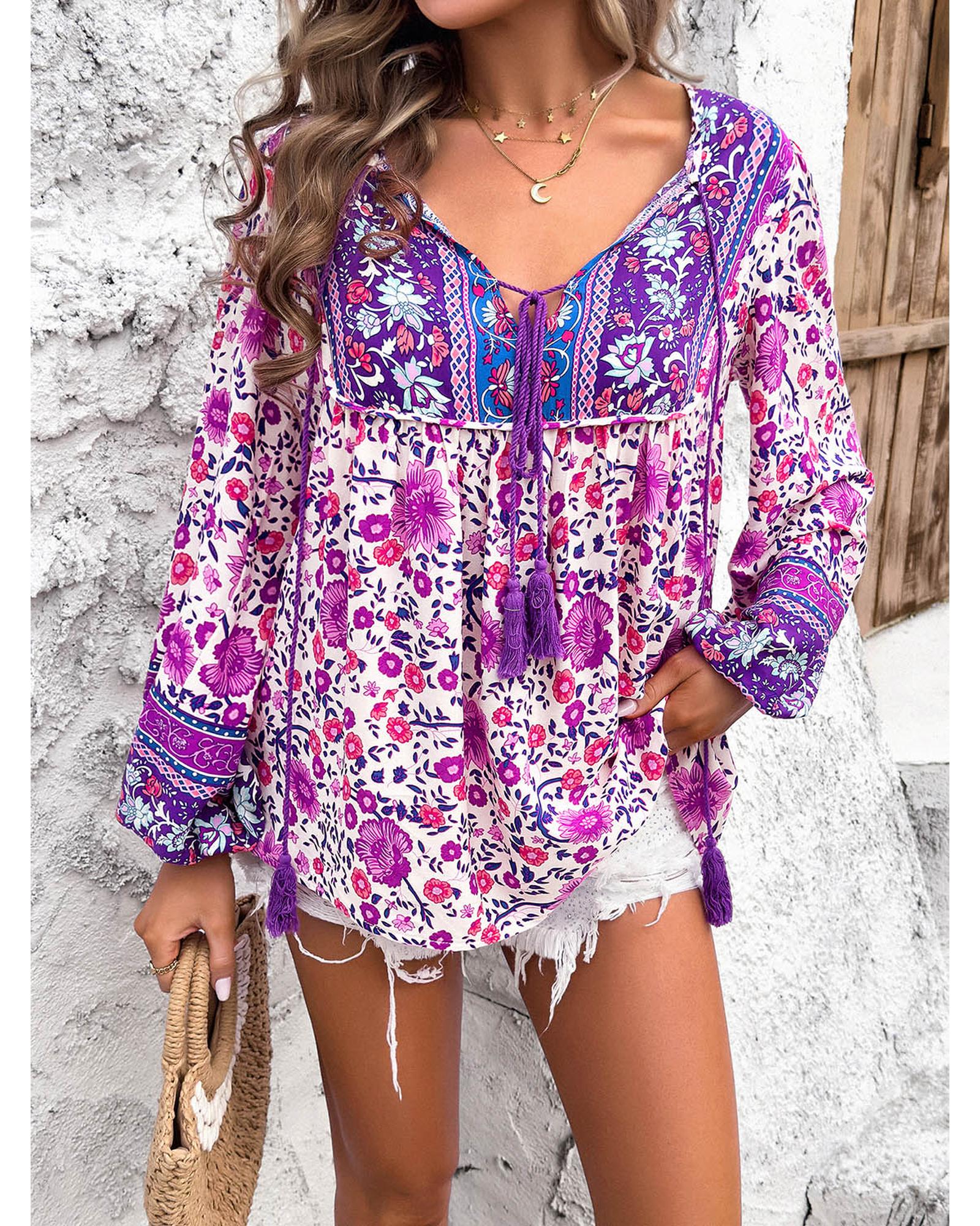 Everyday the Label Devine Printed Tie Neck Long Sleeve Blouse Women Lilac - Picture 12 of 17