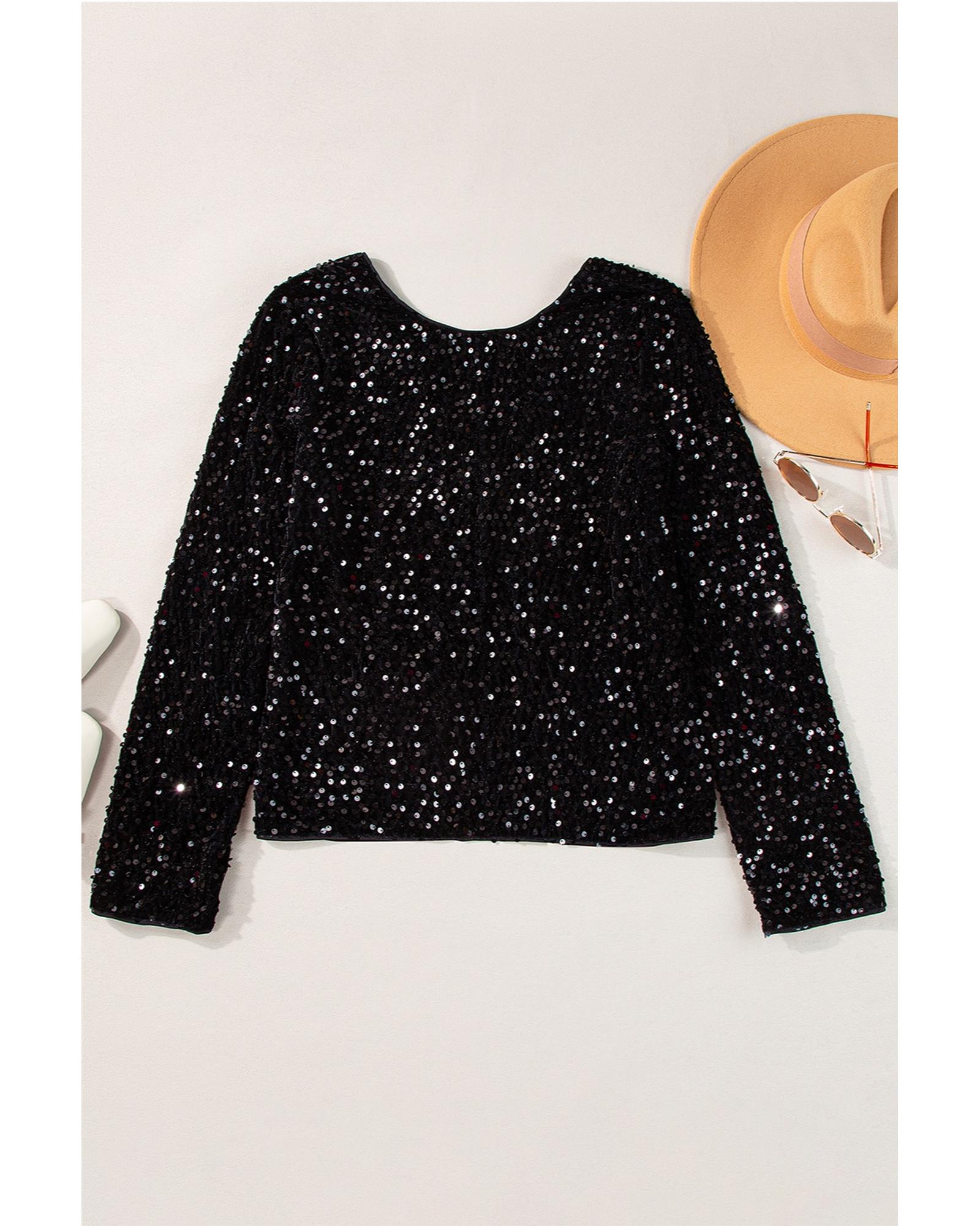 Everyday the Label Sequin Round Neck Long Sleeve Blouse Women Black Blouses & - Picture 22 of 25