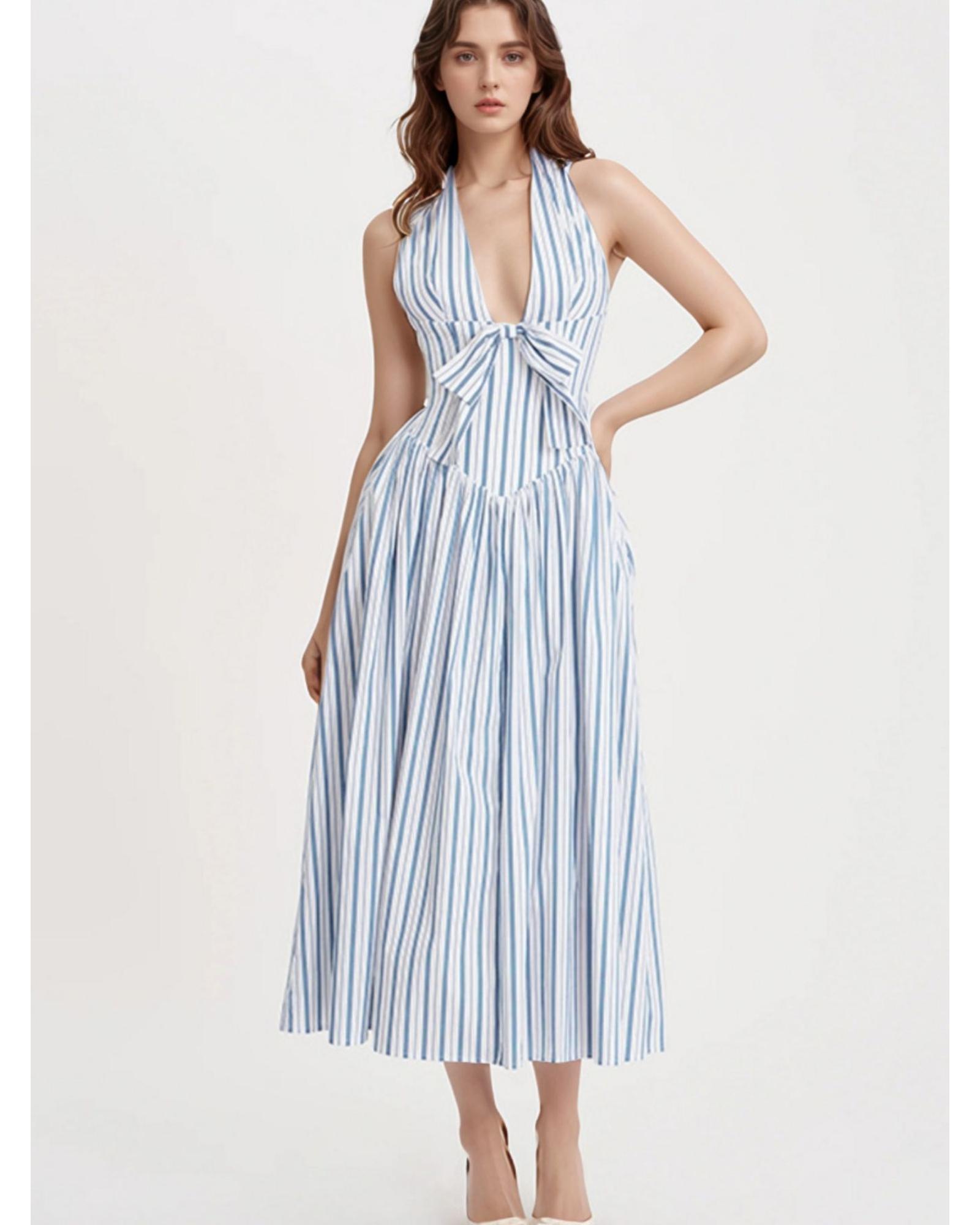 Everyday the Label Striped Halter Neck Midi Dress with Tie Front Detail Women - Picture 13 of 36