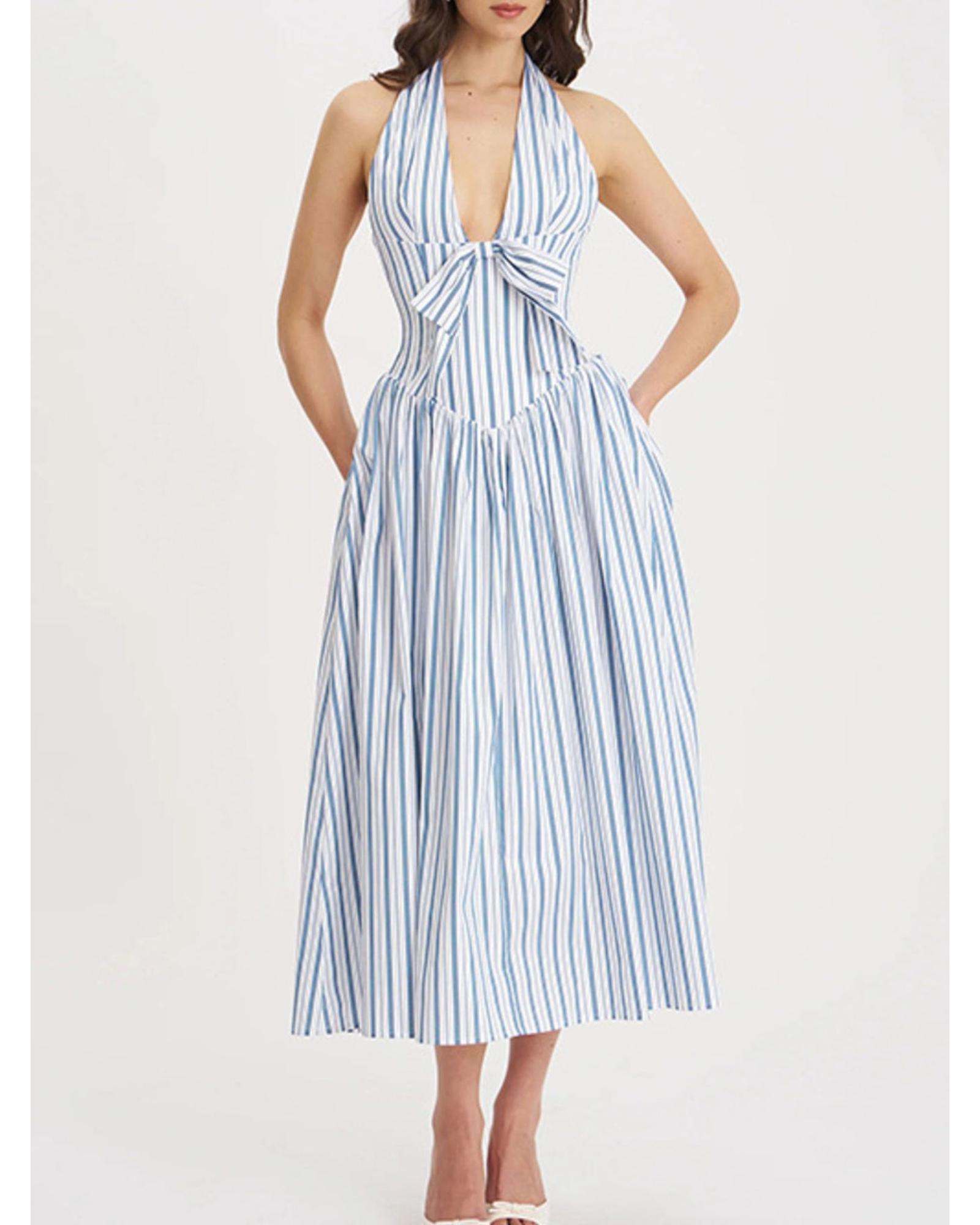 Everyday the Label Striped Halter Neck Midi Dress with Tie Front Detail Women - Picture 15 of 36