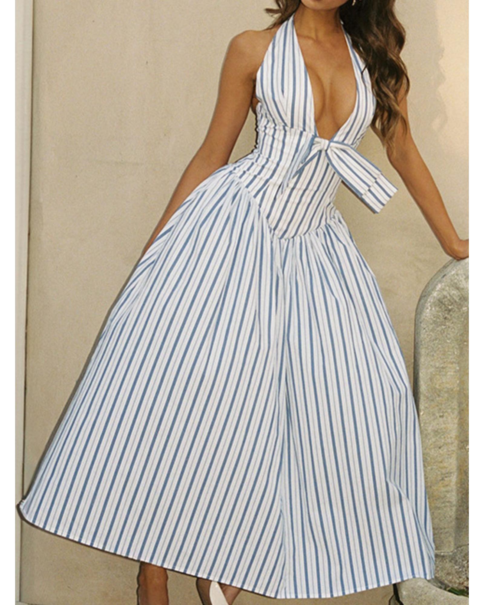 Everyday the Label Striped Halter Neck Midi Dress with Tie Front Detail Women - Picture 19 of 36