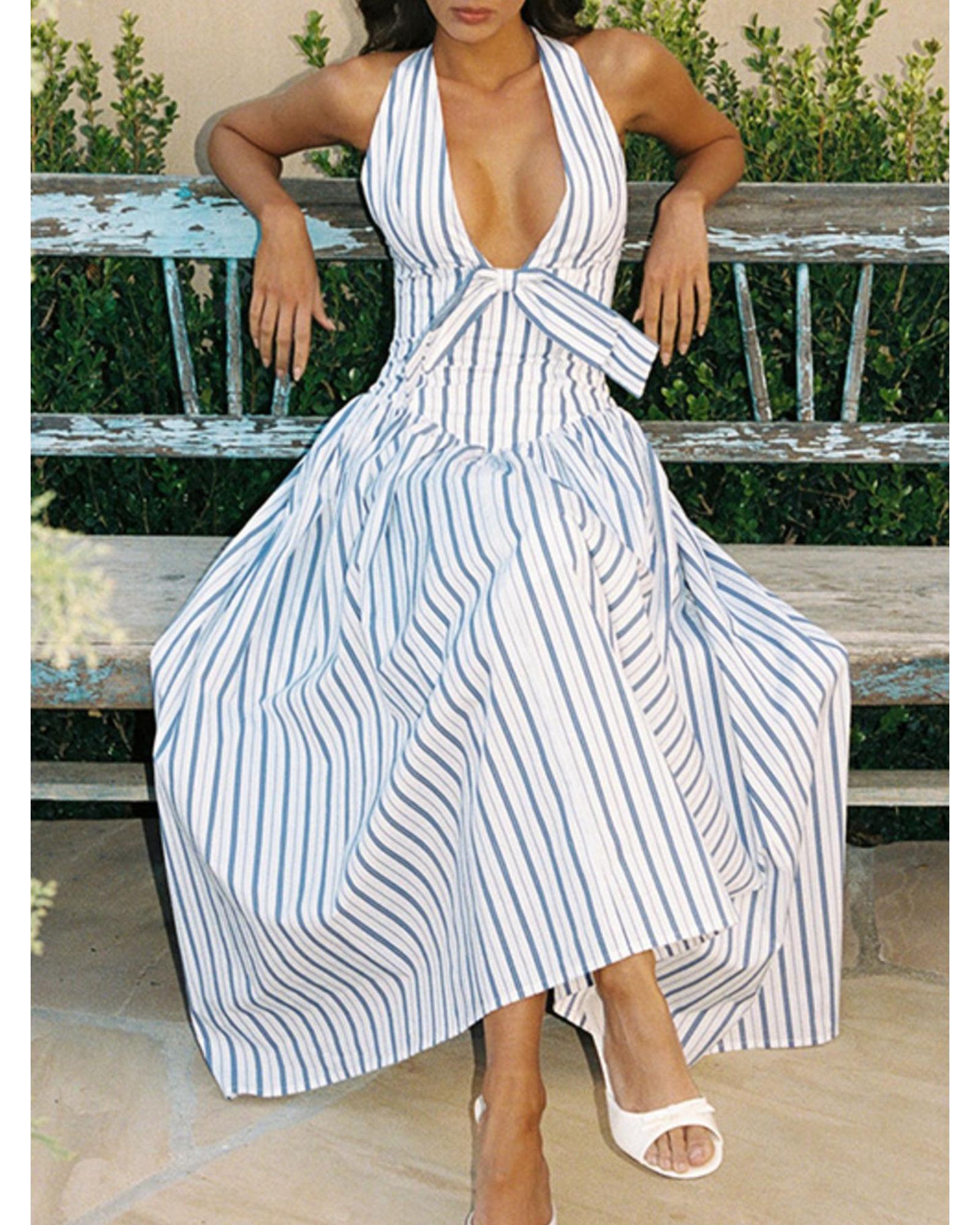 Everyday the Label Striped Halter Neck Midi Dress with Tie Front Detail Women - Picture 20 of 36
