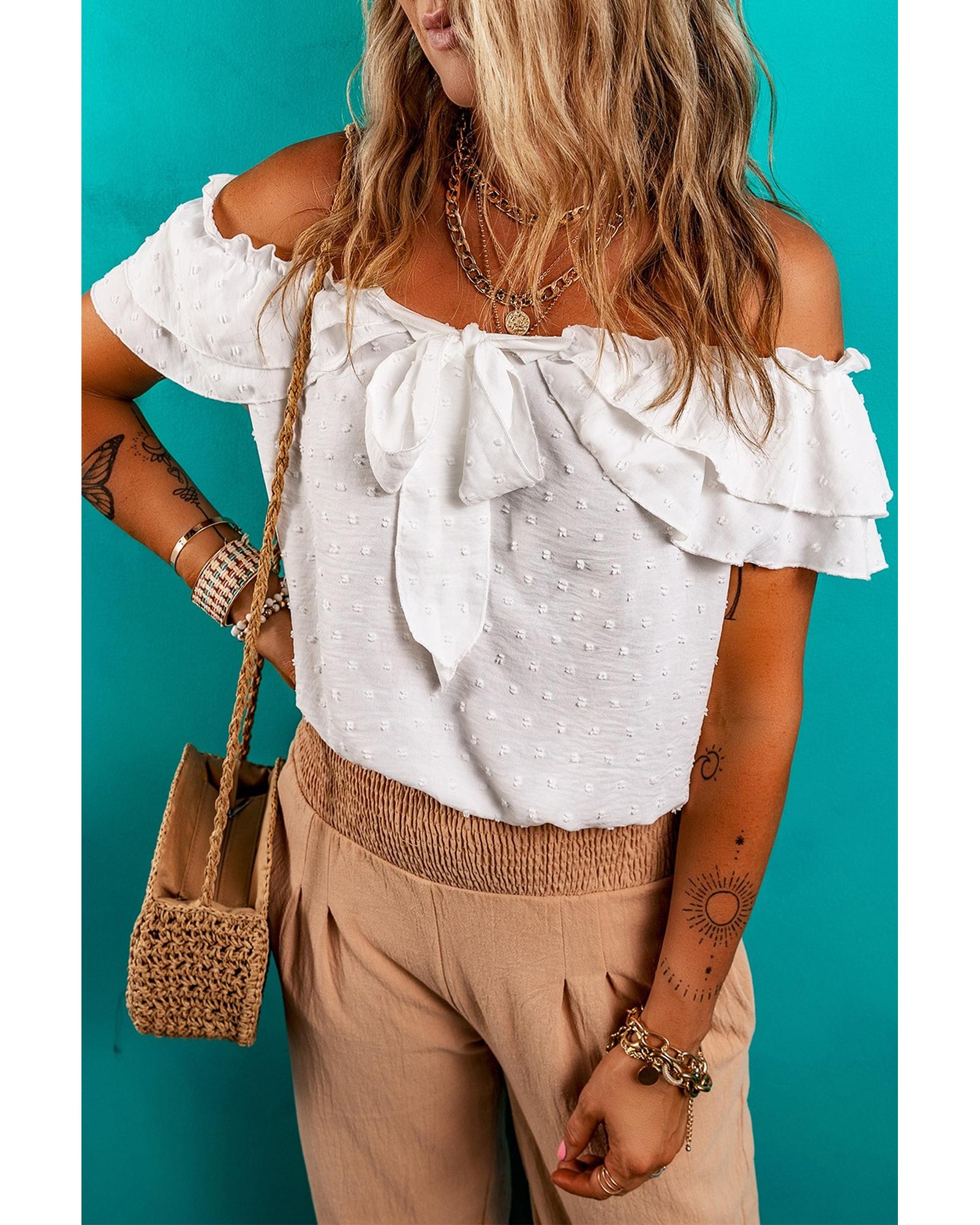Everyday the Label Off Shoulder Ruffle Knotted Detail Swiss Dot Blouse Women - Bild 21 von 37