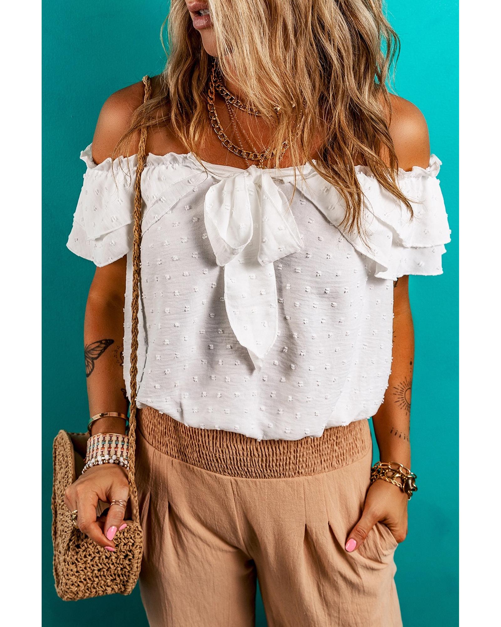 Everyday the Label Off Shoulder Ruffle Knotted Detail Swiss Dot Blouse Women - Bild 29 von 37