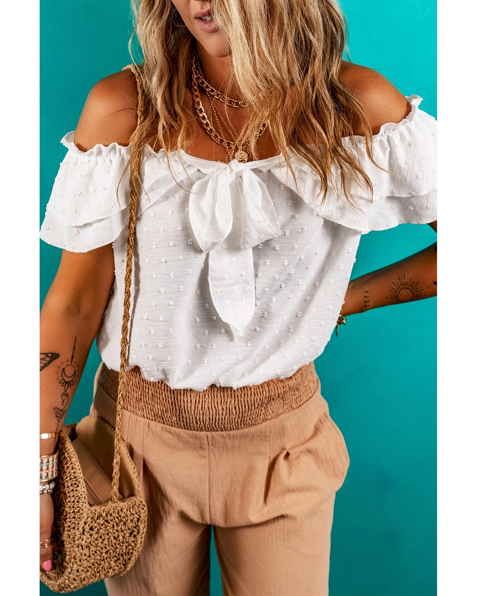 Everyday the Label Off Shoulder Ruffle Knotted Detail Swiss Dot Blouse Women - Bild 31 von 37