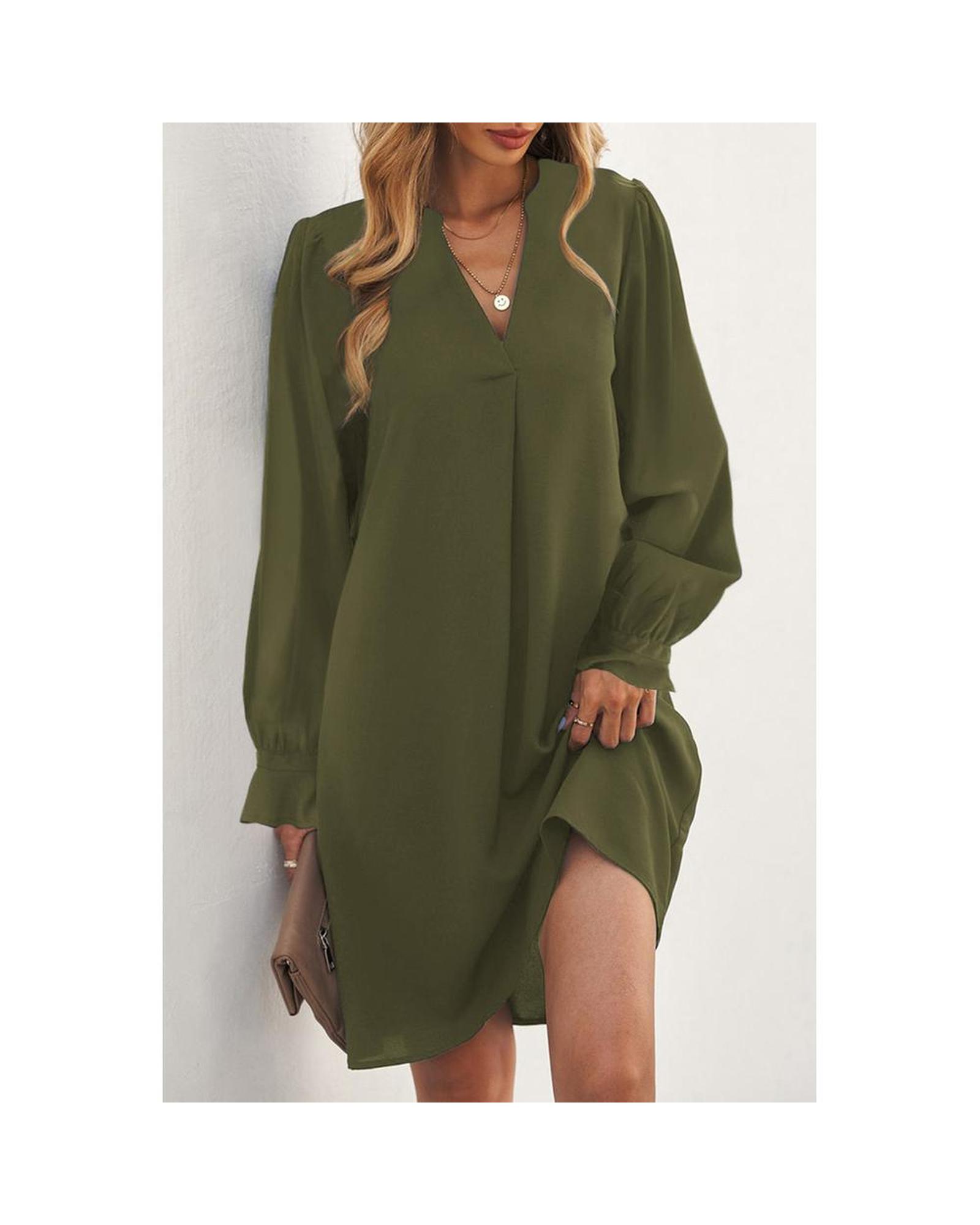 Azura Exchange Split V Neck Ruffled Sleeves Shirt Dress Women Green Mini Dresses - Picture 13 of 36