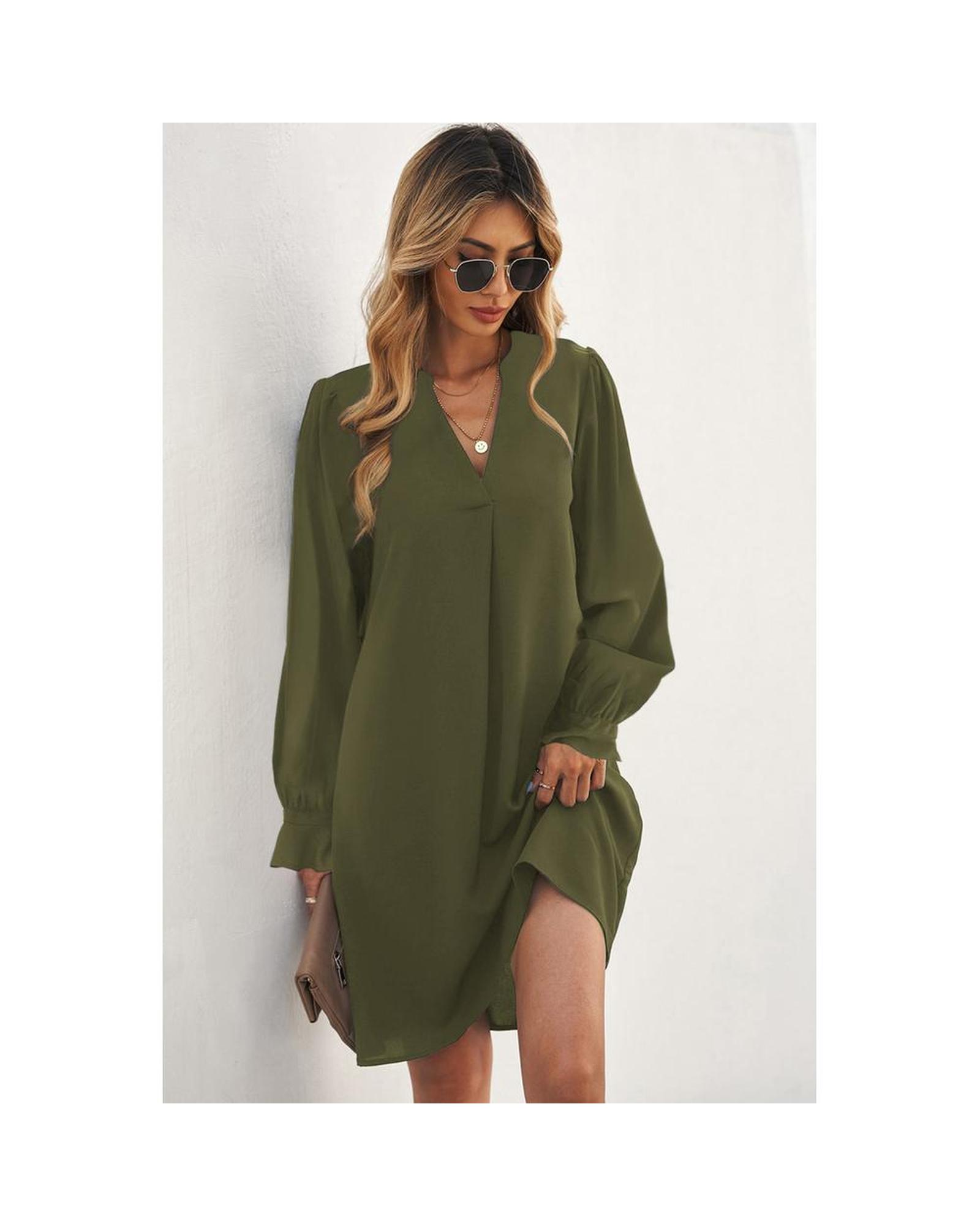 Azura Exchange Split V Neck Ruffled Sleeves Shirt Dress Women Green Mini Dresses - Picture 14 of 36
