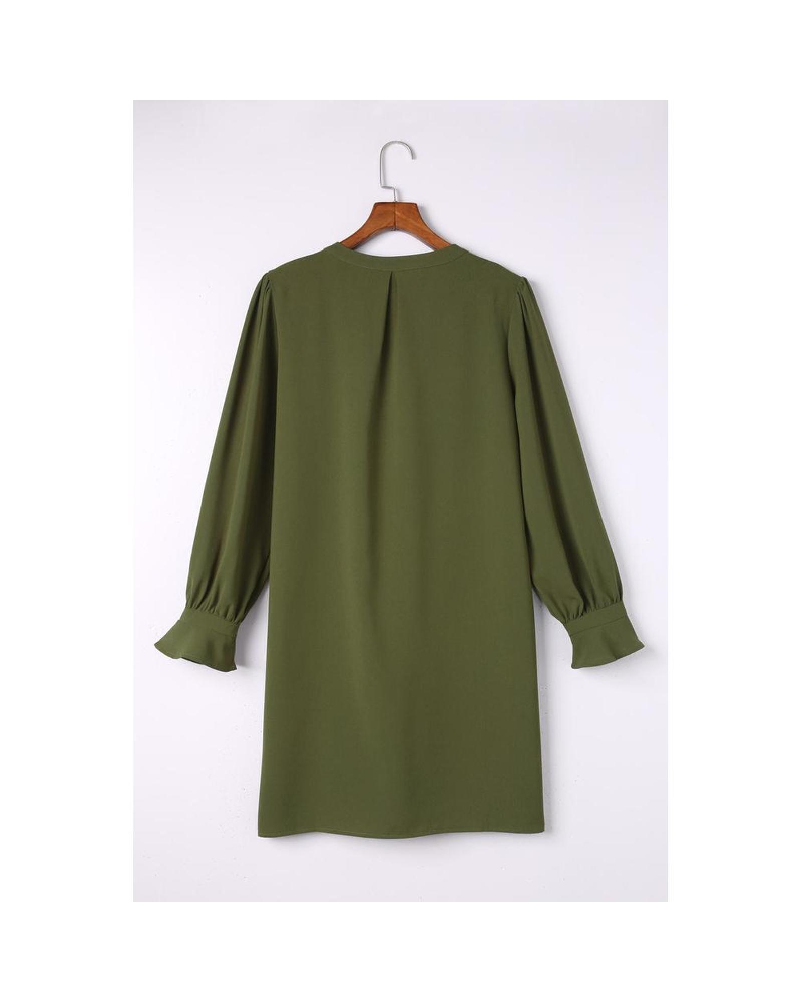 Azura Exchange Split V Neck Ruffled Sleeves Shirt Dress Women Green Mini Dresses - Picture 15 of 36