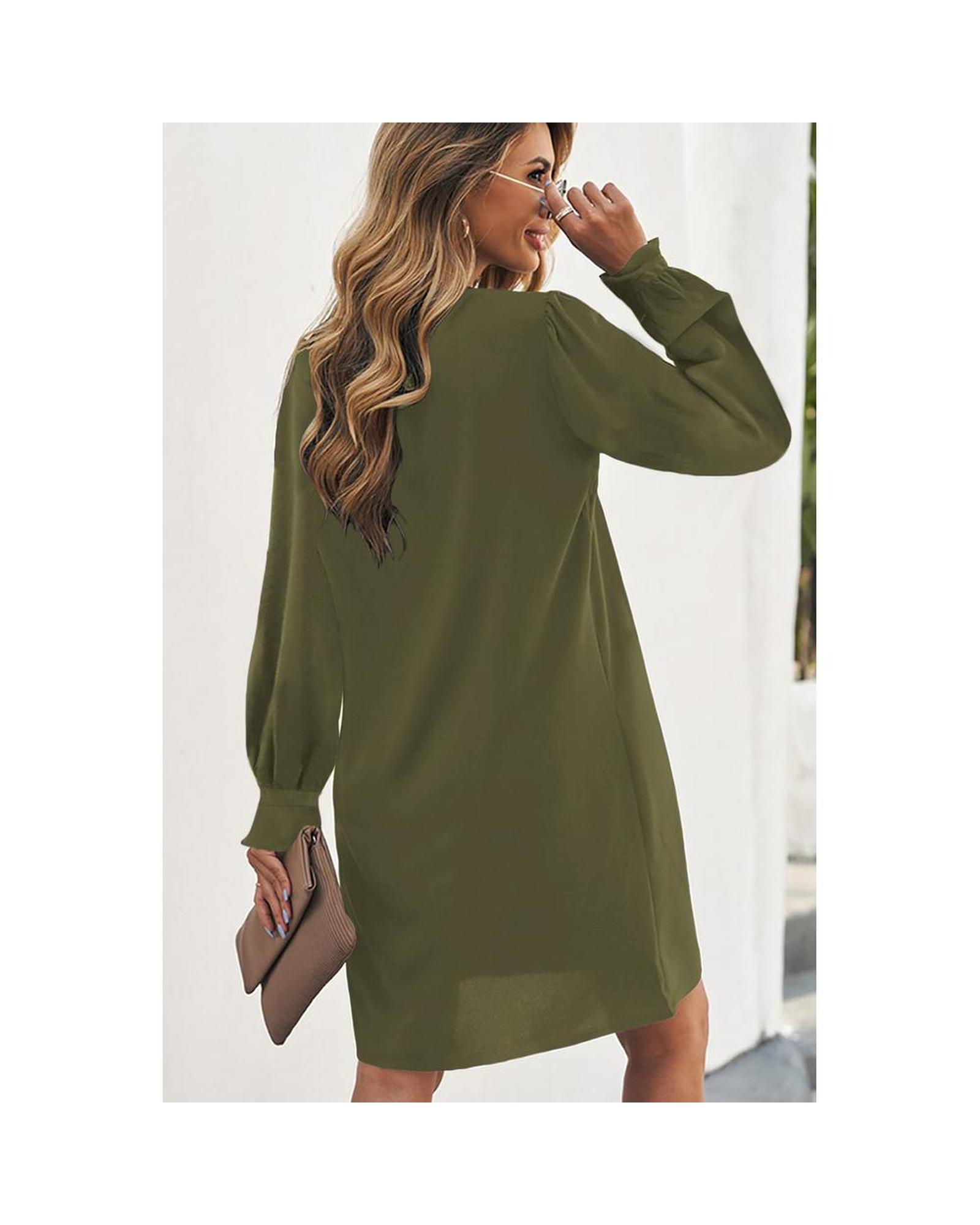 Azura Exchange Split V Neck Ruffled Sleeves Shirt Dress Women Green Mini Dresses - Picture 17 of 36