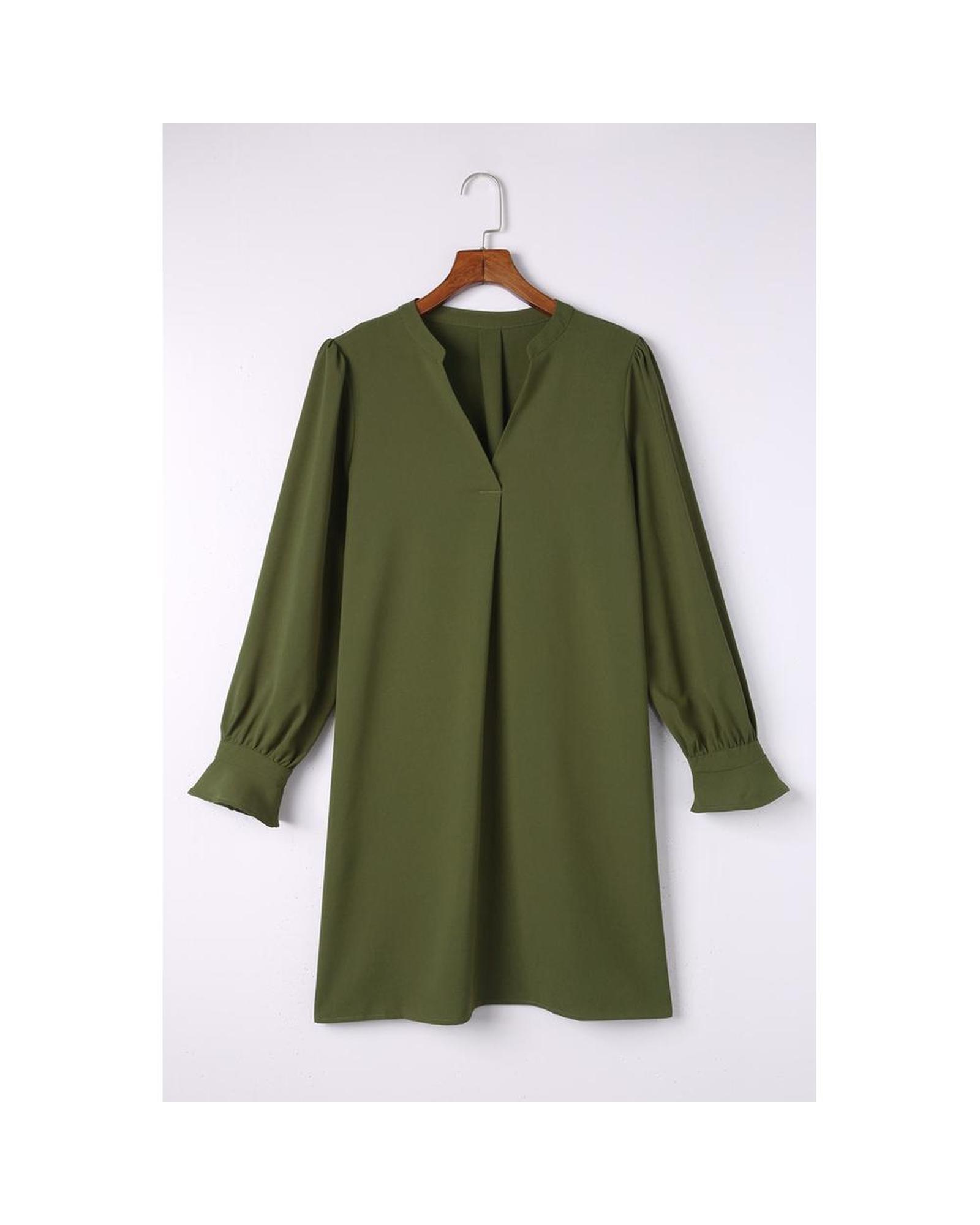 Azura Exchange Split V Neck Ruffled Sleeves Shirt Dress Women Green Mini Dresses - Picture 18 of 36