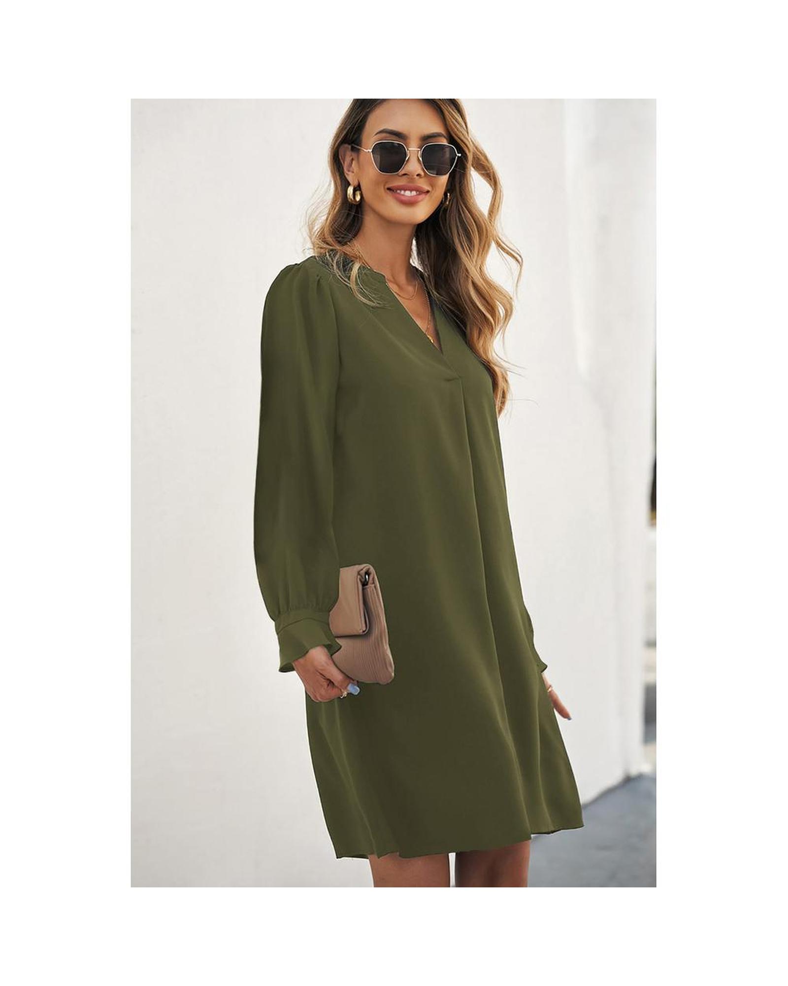 Azura Exchange Split V Neck Ruffled Sleeves Shirt Dress Women Green Mini Dresses - Picture 21 of 36