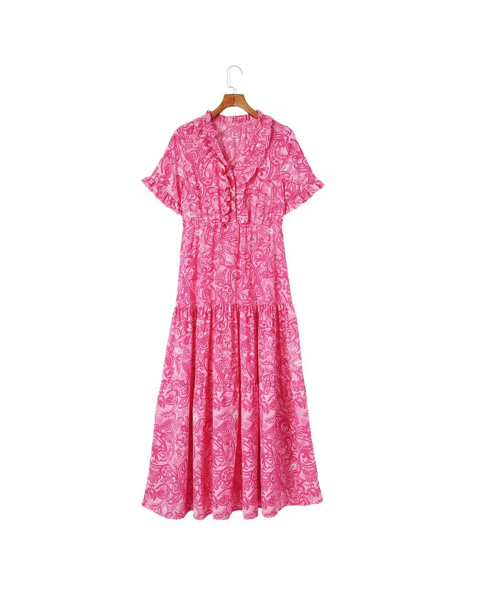 Azura Exchange Tiered Maxi Dress with Short Sleeves and V-Neck Design Women Pink - Picture 33 of 36