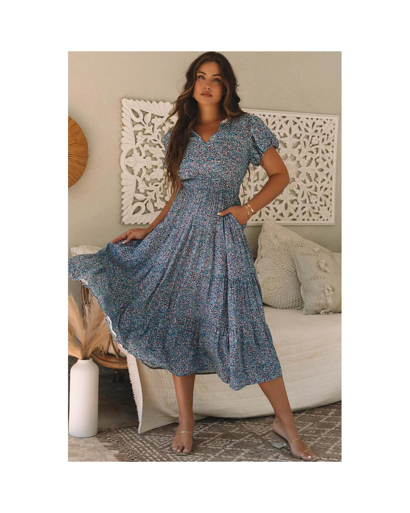 Azura Exchange Floral Print V-Neck Short Sleeve Midi Dress with Pockets Women - Picture 27 of 36