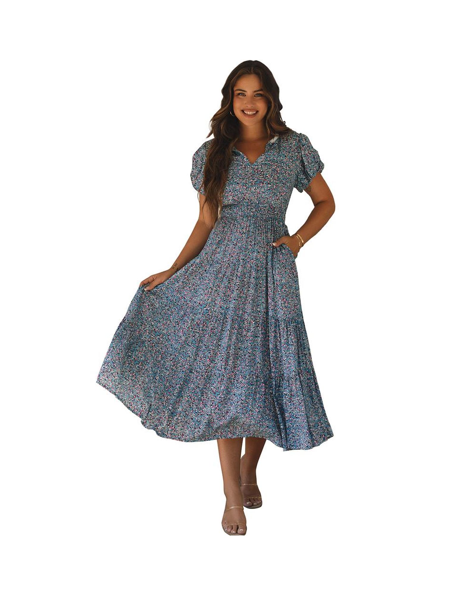 Azura Exchange Floral Print V-Neck Short Sleeve Midi Dress with Pockets Women - Picture 32 of 36