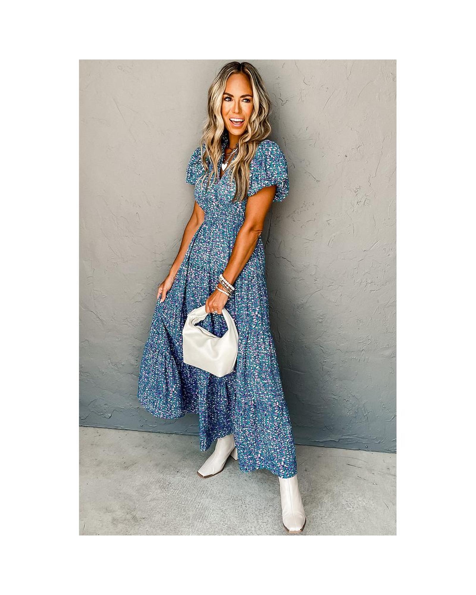 Azura Exchange Floral Print V-Neck Short Sleeve Midi Dress with Pockets Women - Picture 23 of 36
