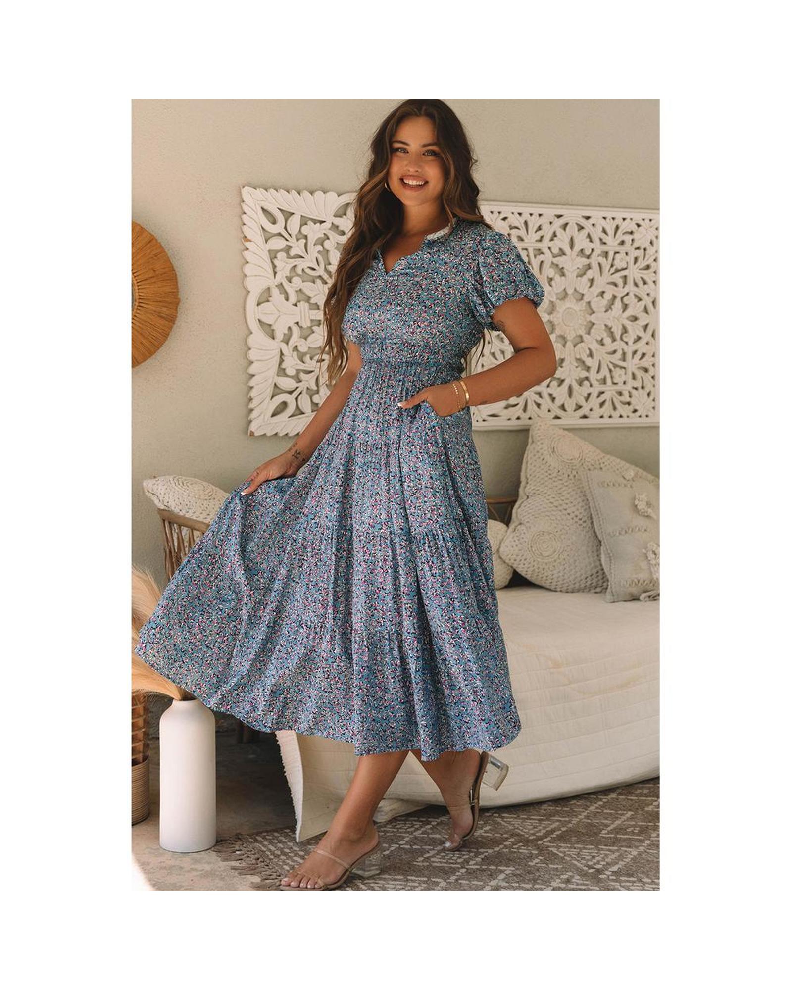 Azura Exchange Floral Print V-Neck Short Sleeve Midi Dress with Pockets Women - Picture 13 of 36
